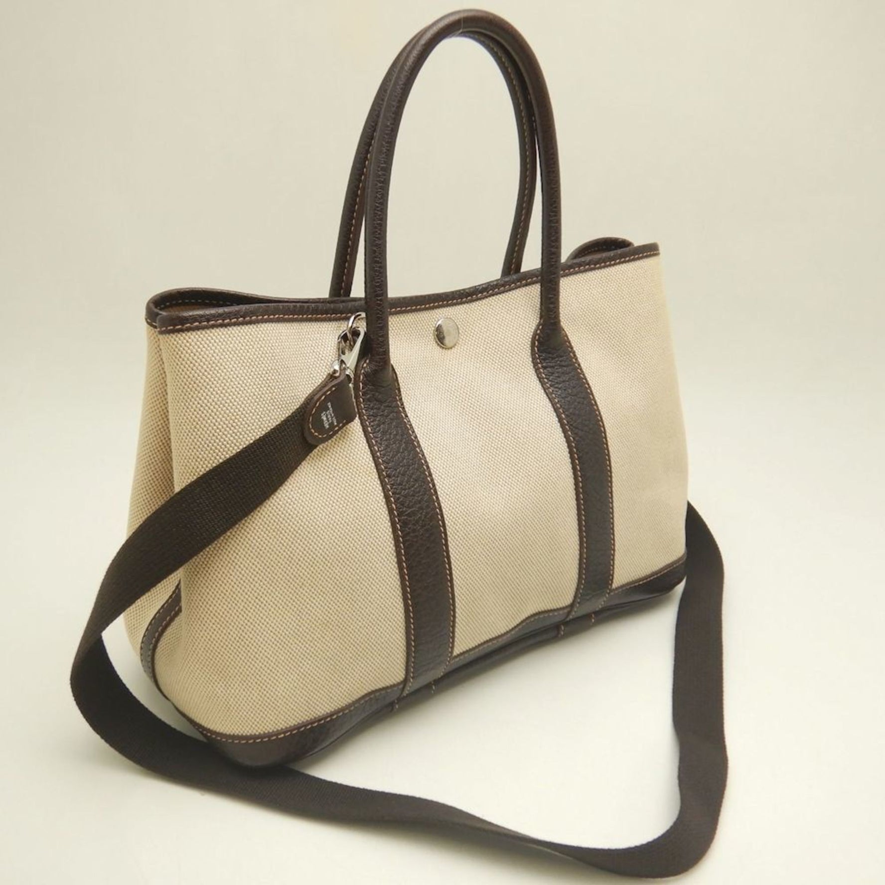 HERMES Garden TPM Tote Bag in Toile H and Leather, Natural Dark Brown