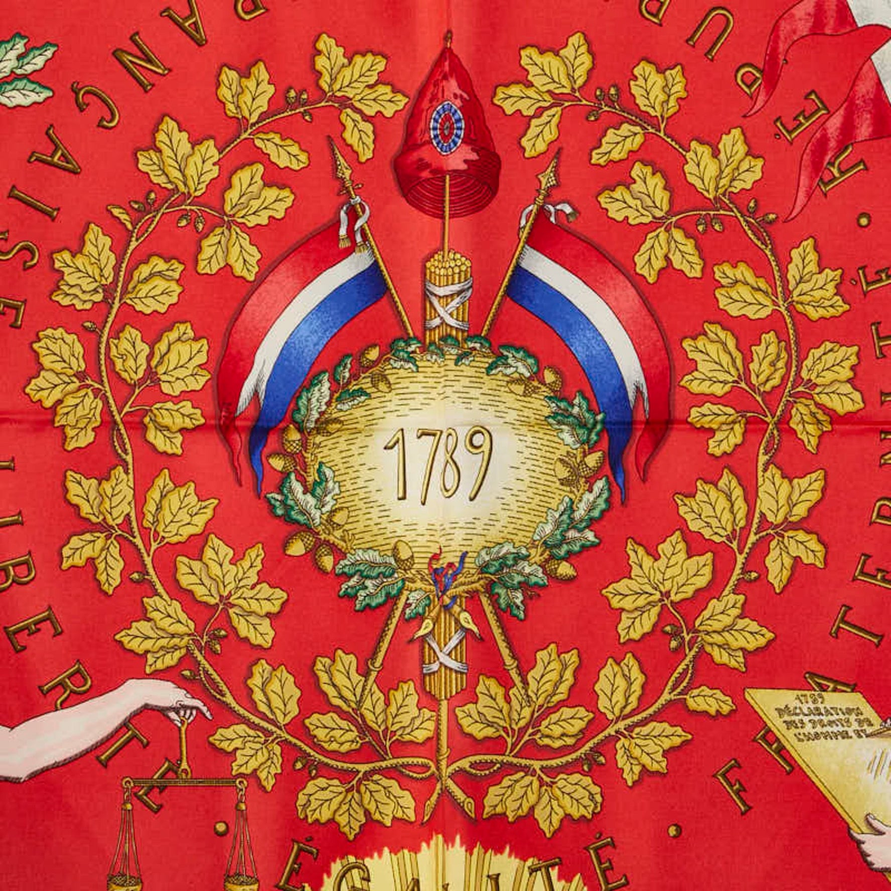Hermes Carré 90 1789 LIBERTE EGALITE FRATERNITE REPUBLIQUE FRANCAISE Scarf muffler in commemoration of the French Revolution, blue, multi-colored, silk
