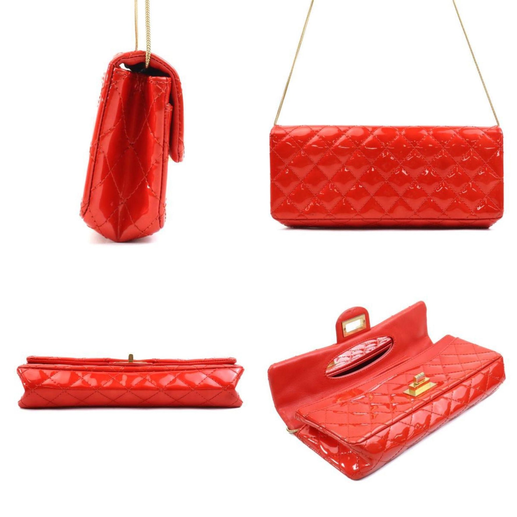 CHANEL Shoulder Bag 2.55 Matelasse Patent Leather Metal Red Gold