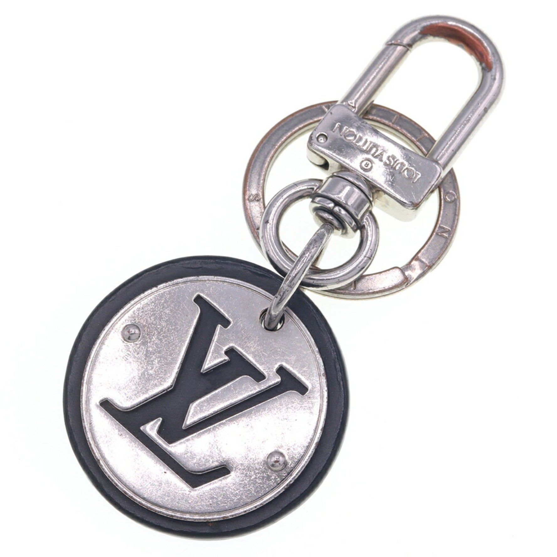 Louis Vuitton Porte-Clés LV Circle Keychain Silver Black Metal Leather Key Ring