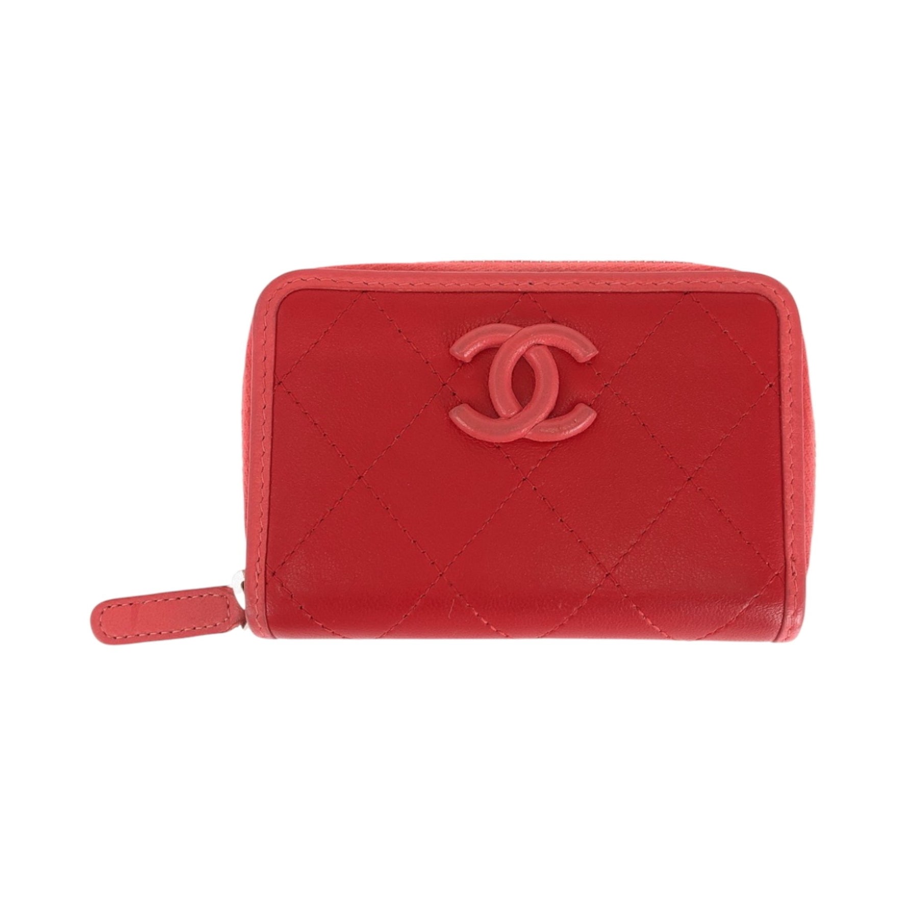 CHANEL Matelasse Coco Mark Red Pink Silver Hardware Lambskin Compact Wallet Wallet/Coin Case Fragment