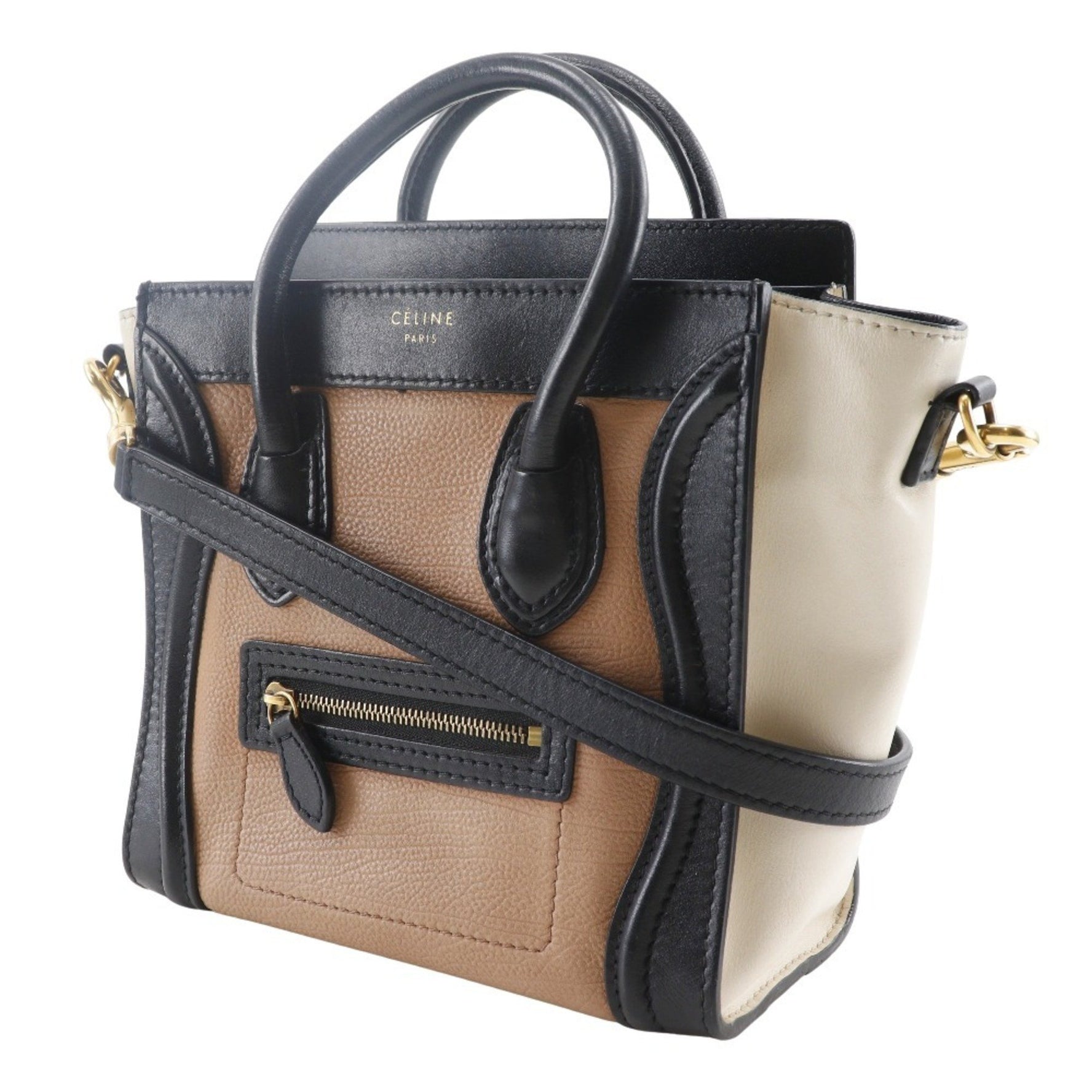 Celine Luggage Nano Shopper Handbag, Two-Tone Calfskin, Black/Brown/Off-White, Size