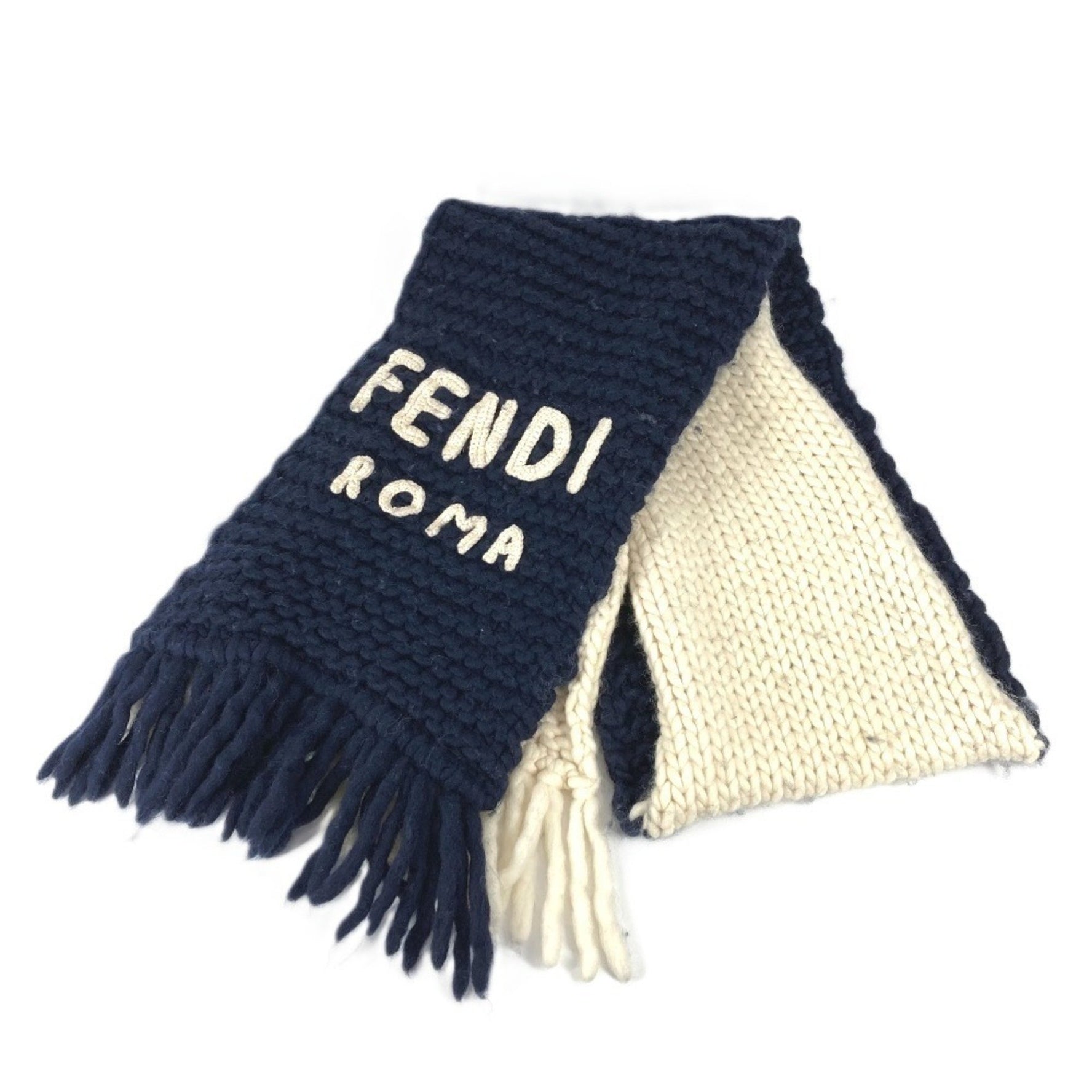 FENDI Fringe Logo Bicolor Scarf Wool Nylon Men's Navy
