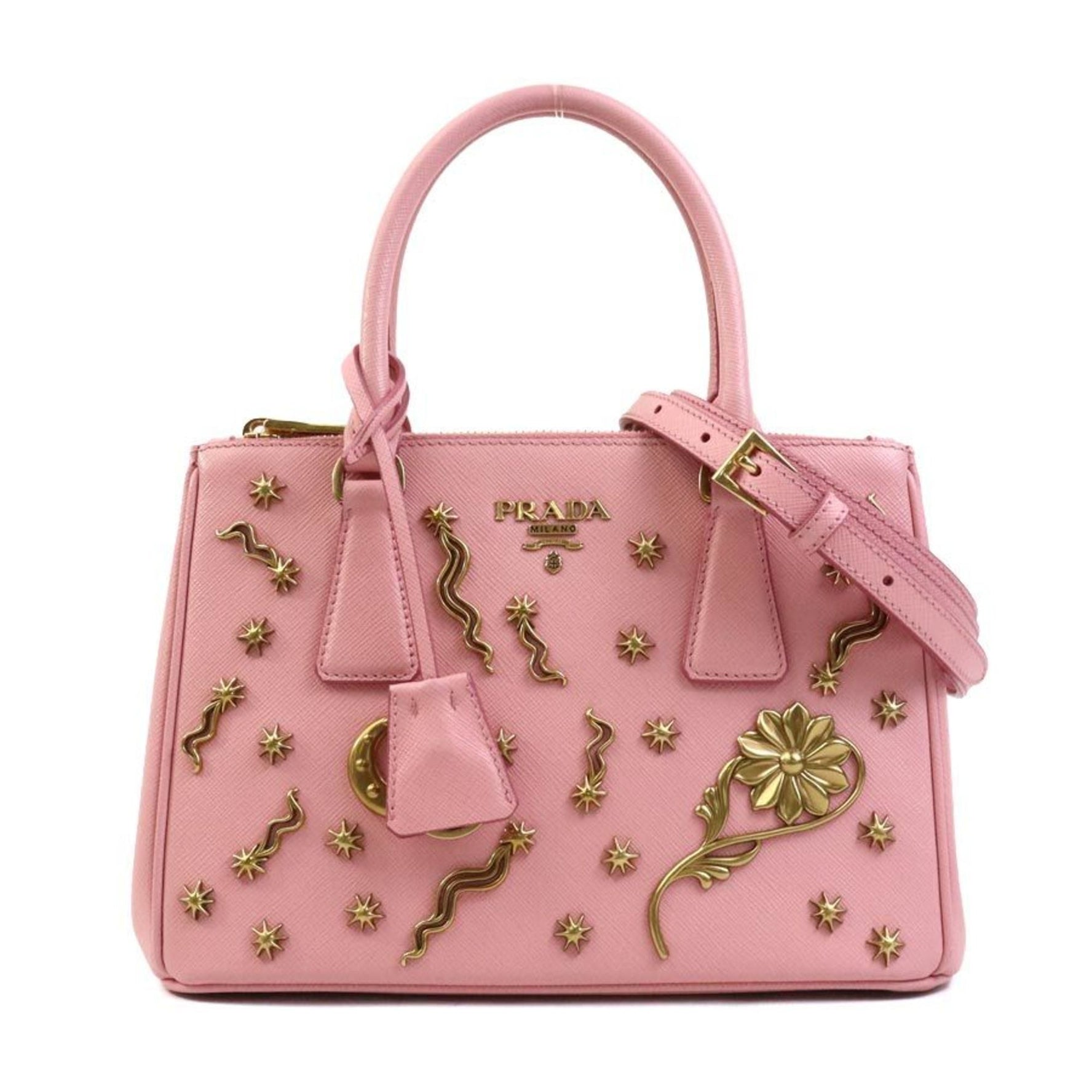 PRADA handbag shoulder bag leather metal pink gold ladies