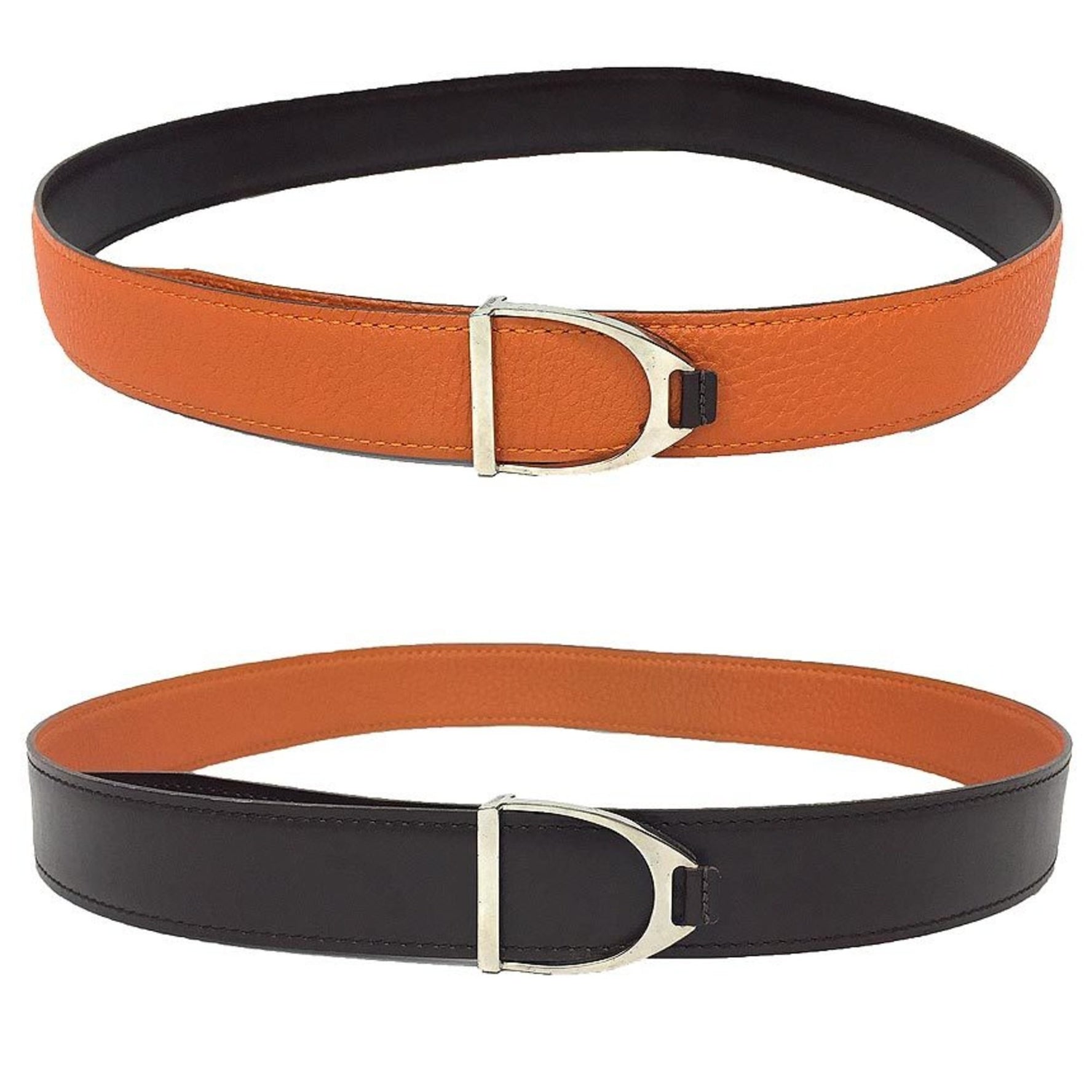 Hermes Etrier Belt Size 80 □I Engraved Leather Reversible Orange x Brown Small