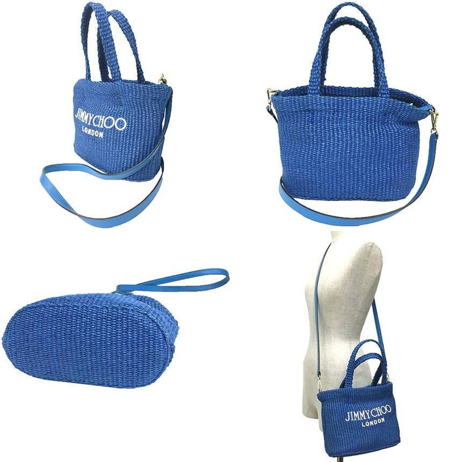 Jimmy Choo BEACH TOTE E/W MINI JYN Shoulder Bag in Sky and Latte Raffia.