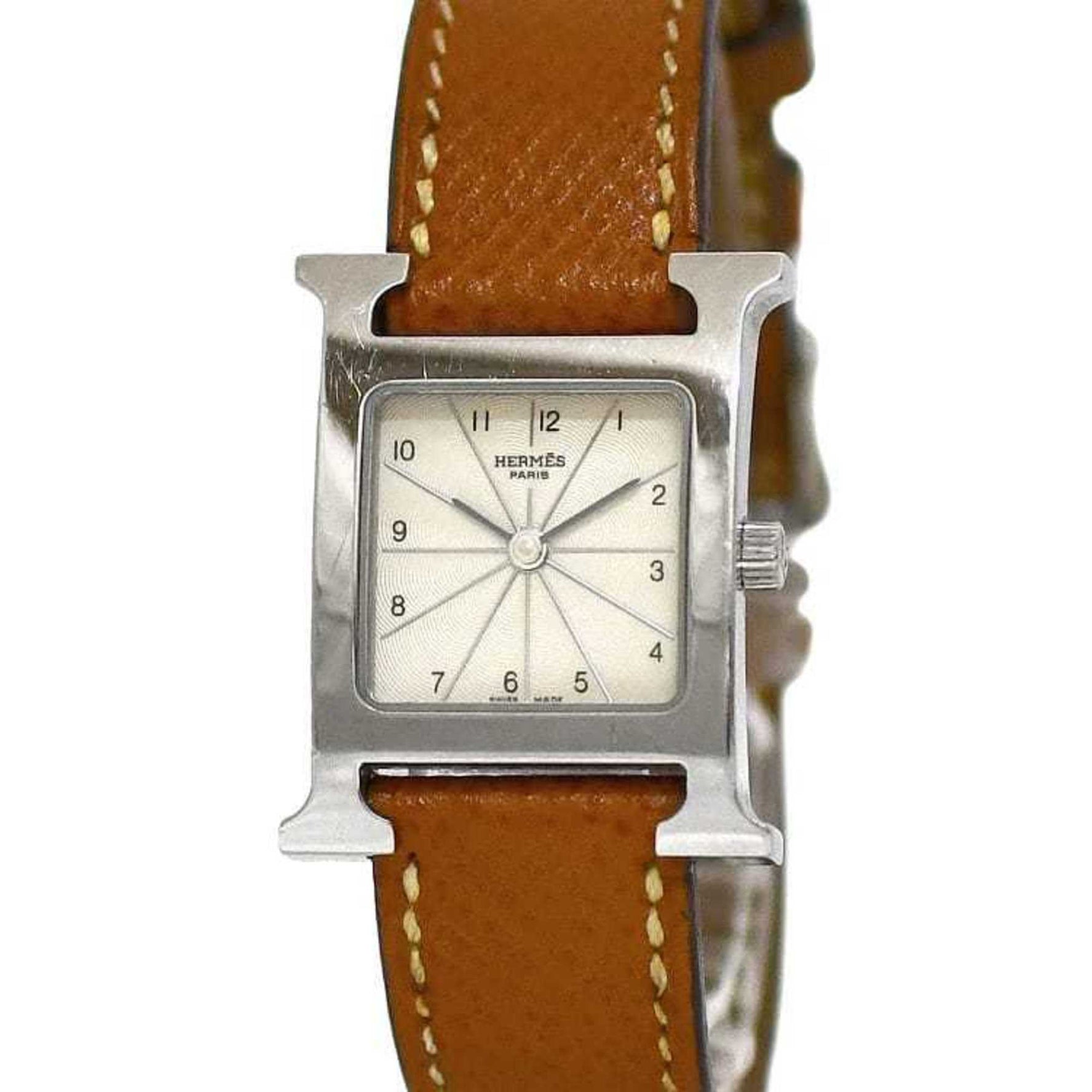 Hermes Watch H Beige Silver Brown SS Leather Quartz J Stamp Battery Operated
