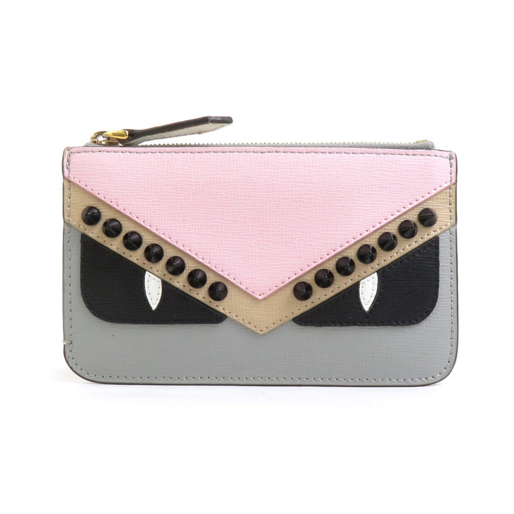FENDI Wallet/Coin Case Monster Leather Pink Grey Off-White Gold