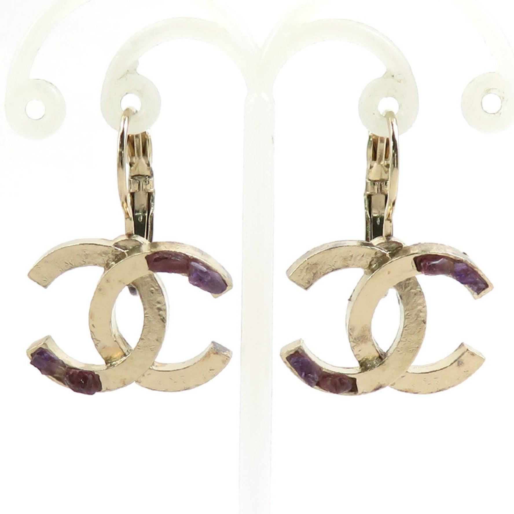 CHANEL Coco Mark Metal Stone Earrings in Gold and Purple