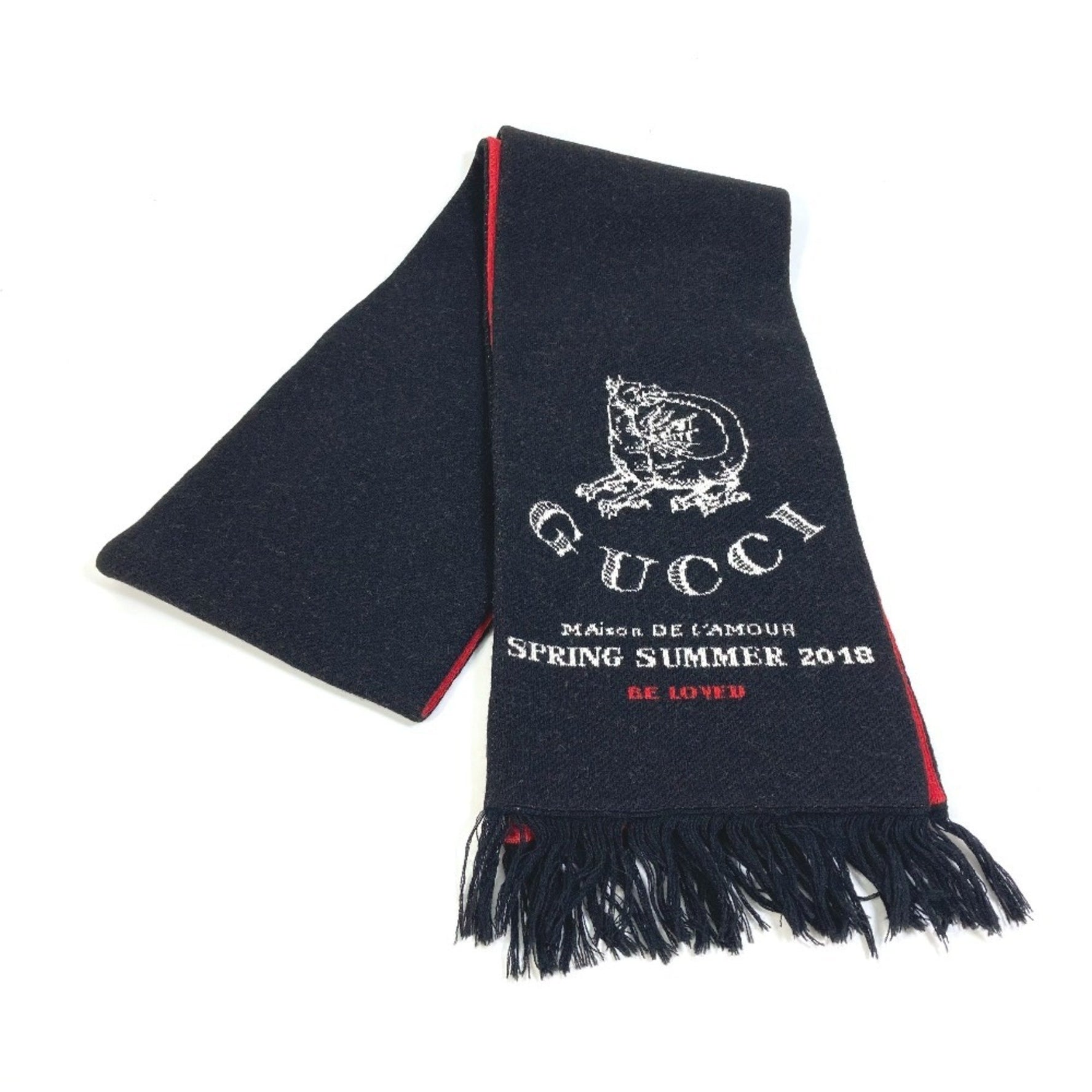 GUCCI BE LOVED logo scarf with fringe, wool, men's, black