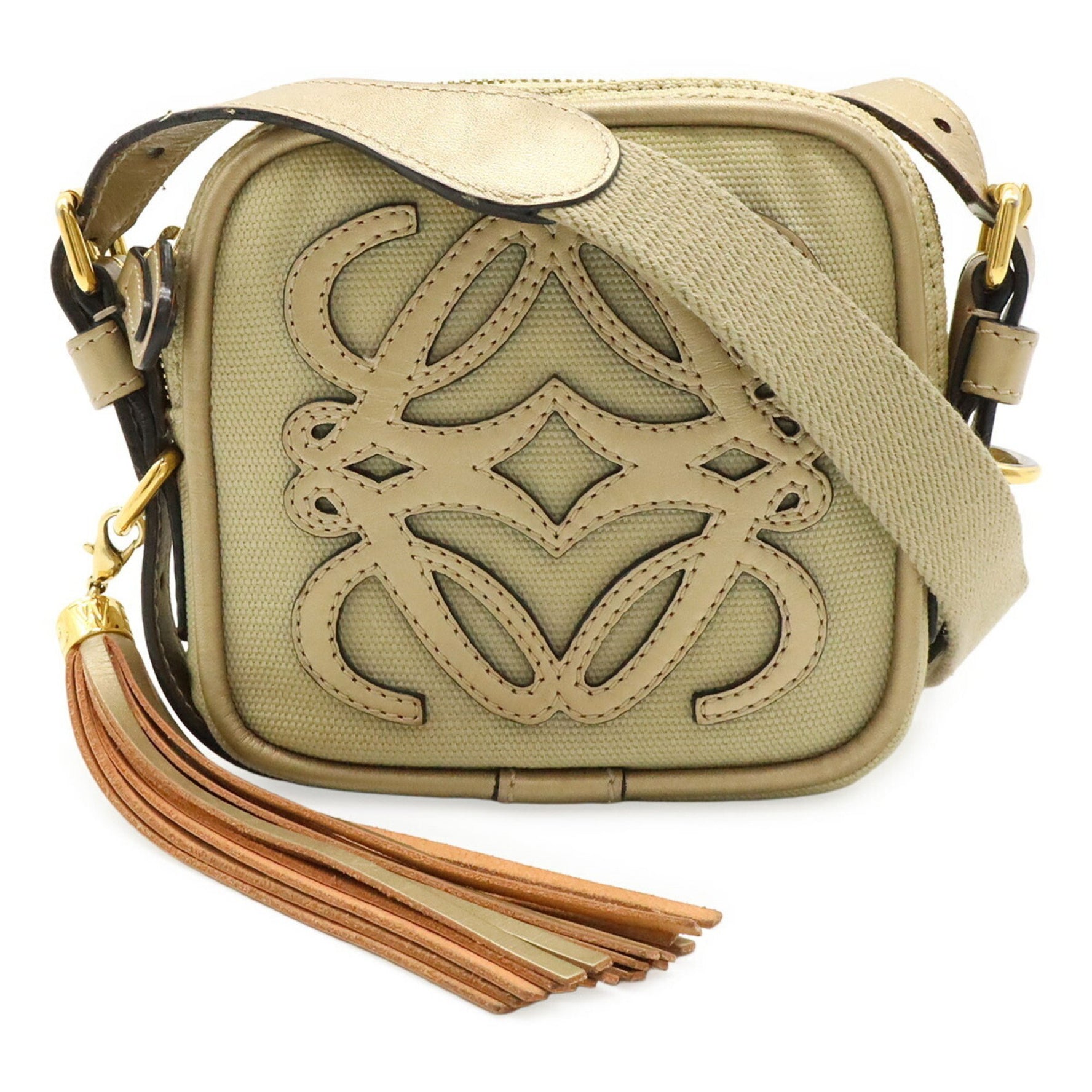 LOEWE Anagram Shoulder Bag Pochette Canvas Metallic Leather Beige Champagne Gold