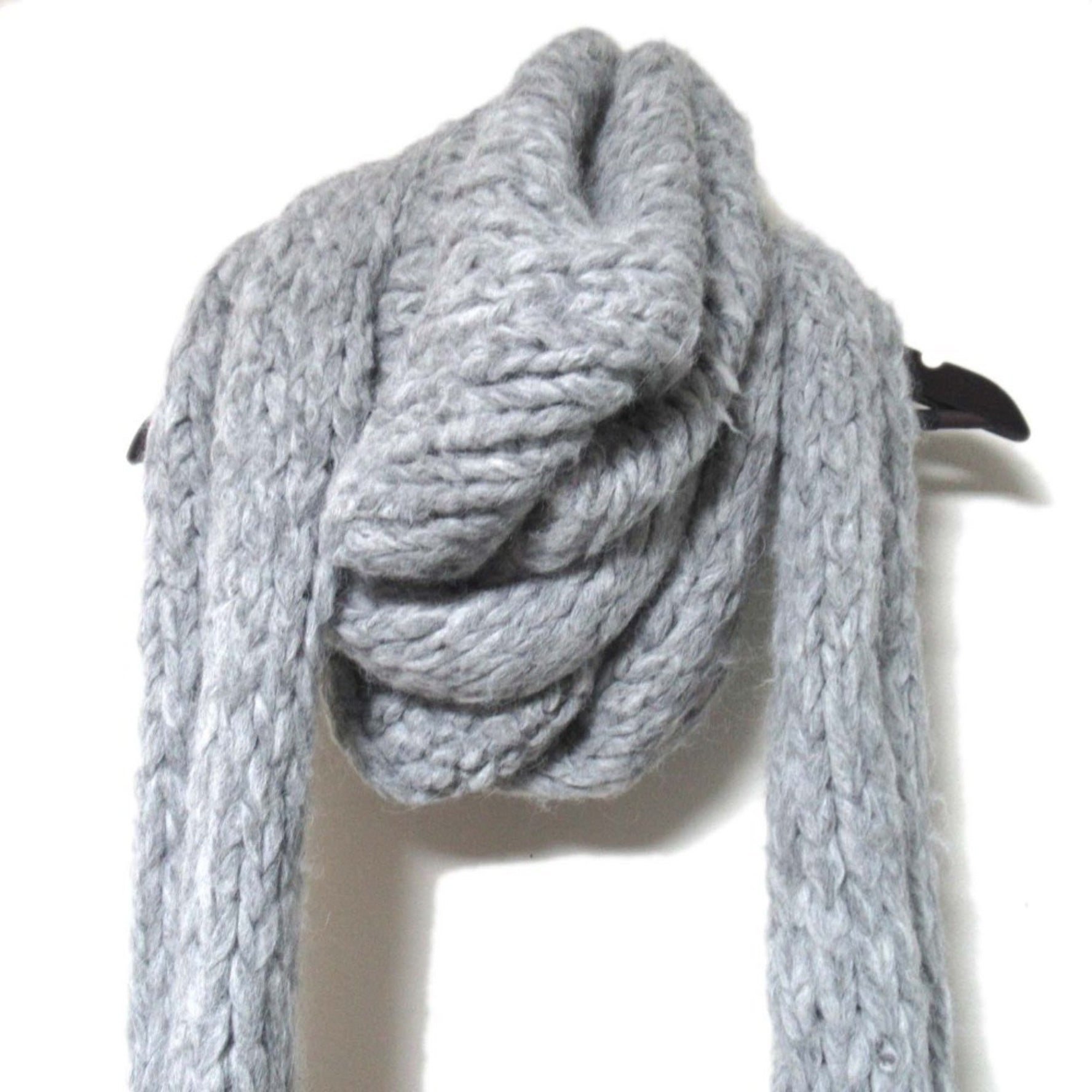 HERMES Alpaca fox wool knit turtleneck fringe long scarf TU ladies