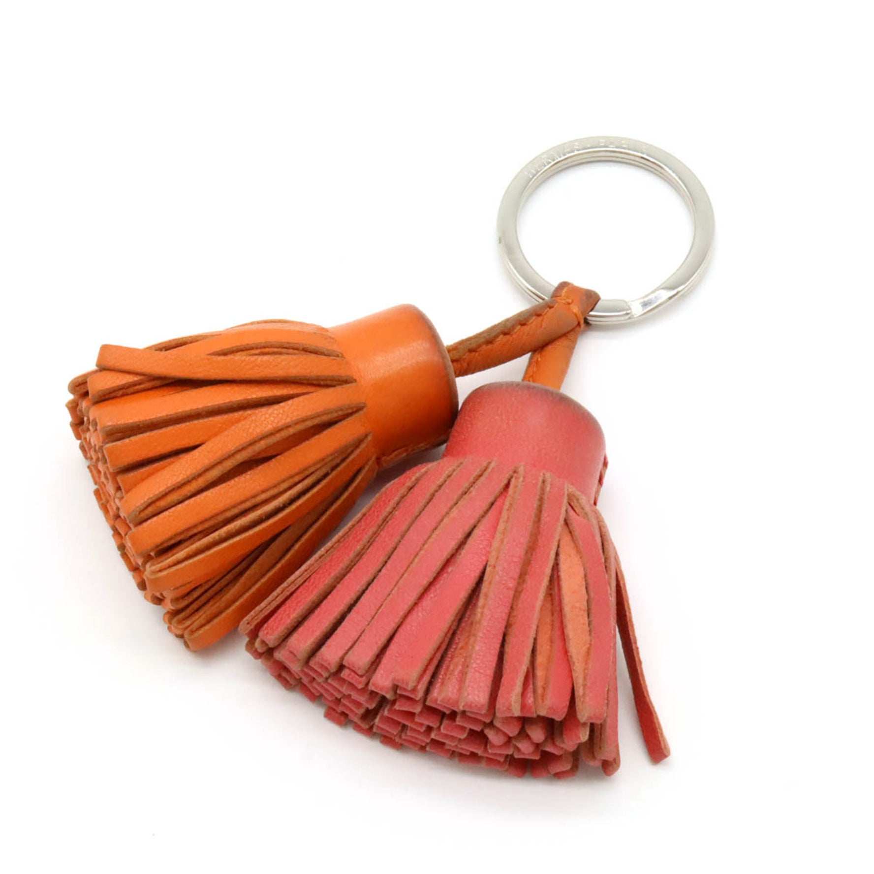 HERMES Carmen Unodos Keyring Keychain Tassel Charm Leather Orange Pink