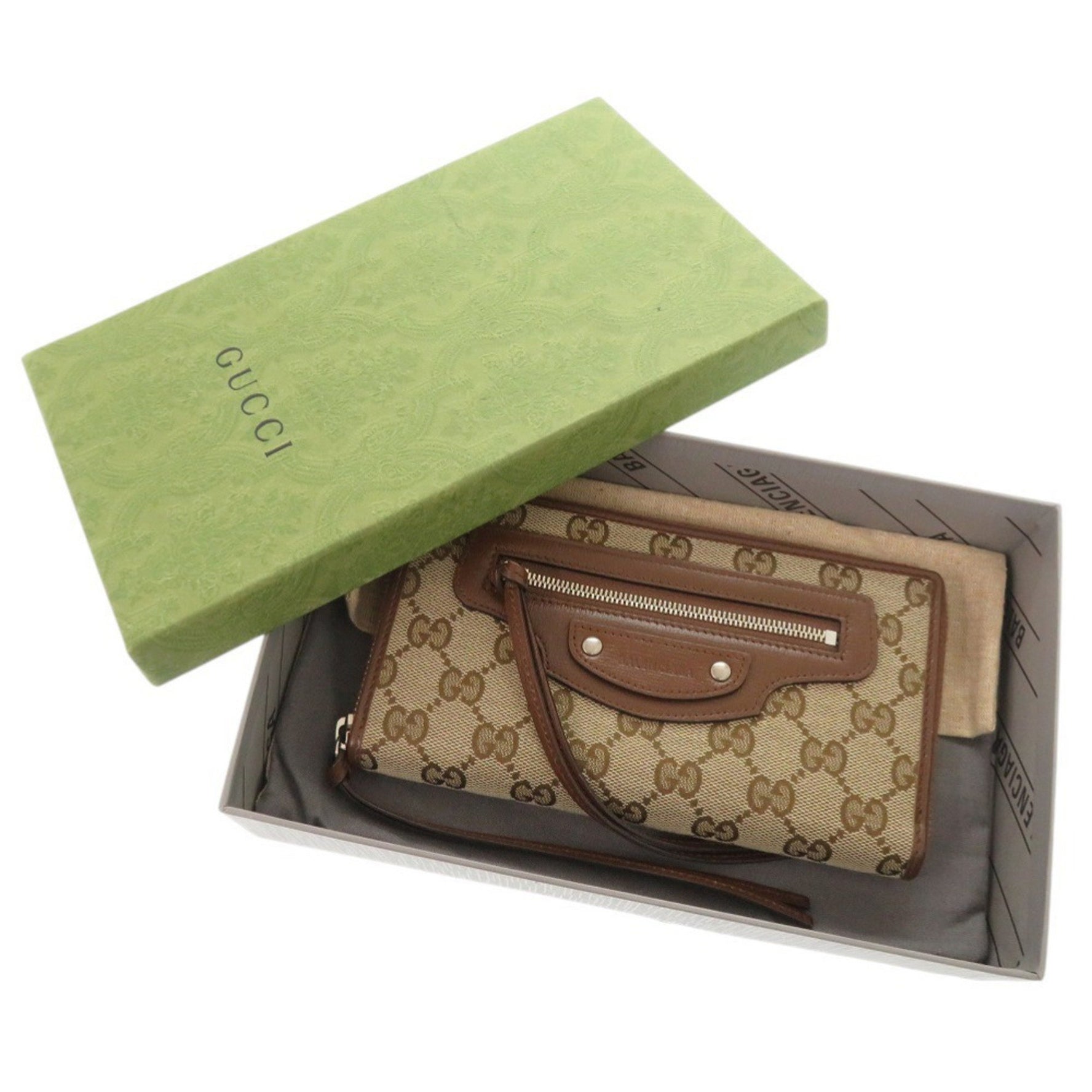 Like new Gucci x Balenciaga The Hacker Project Neo Classic GG canvas and leather beige/brown round zipper long wallet 1086