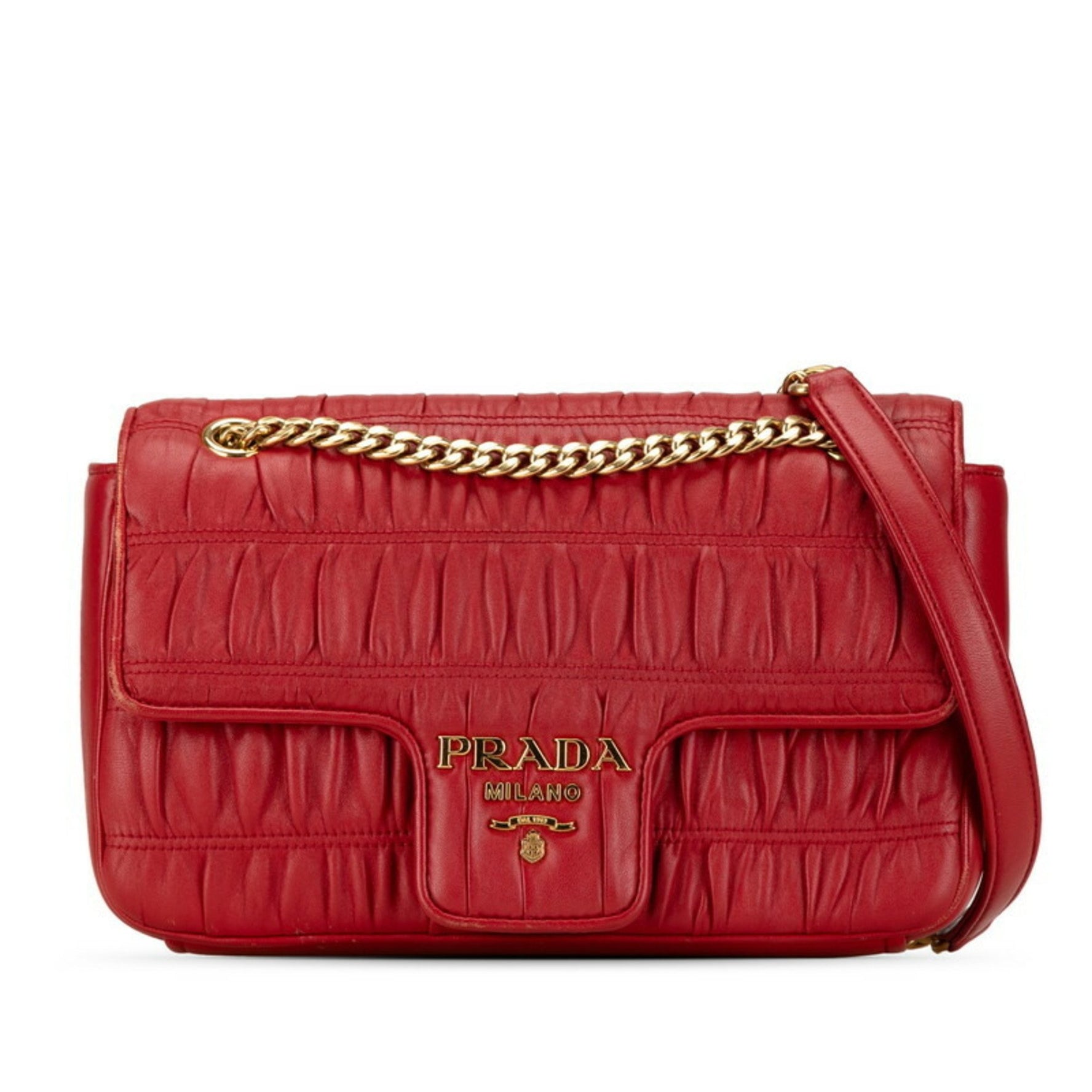 Prada Gathered Chain Shoulder Bag Red Leather