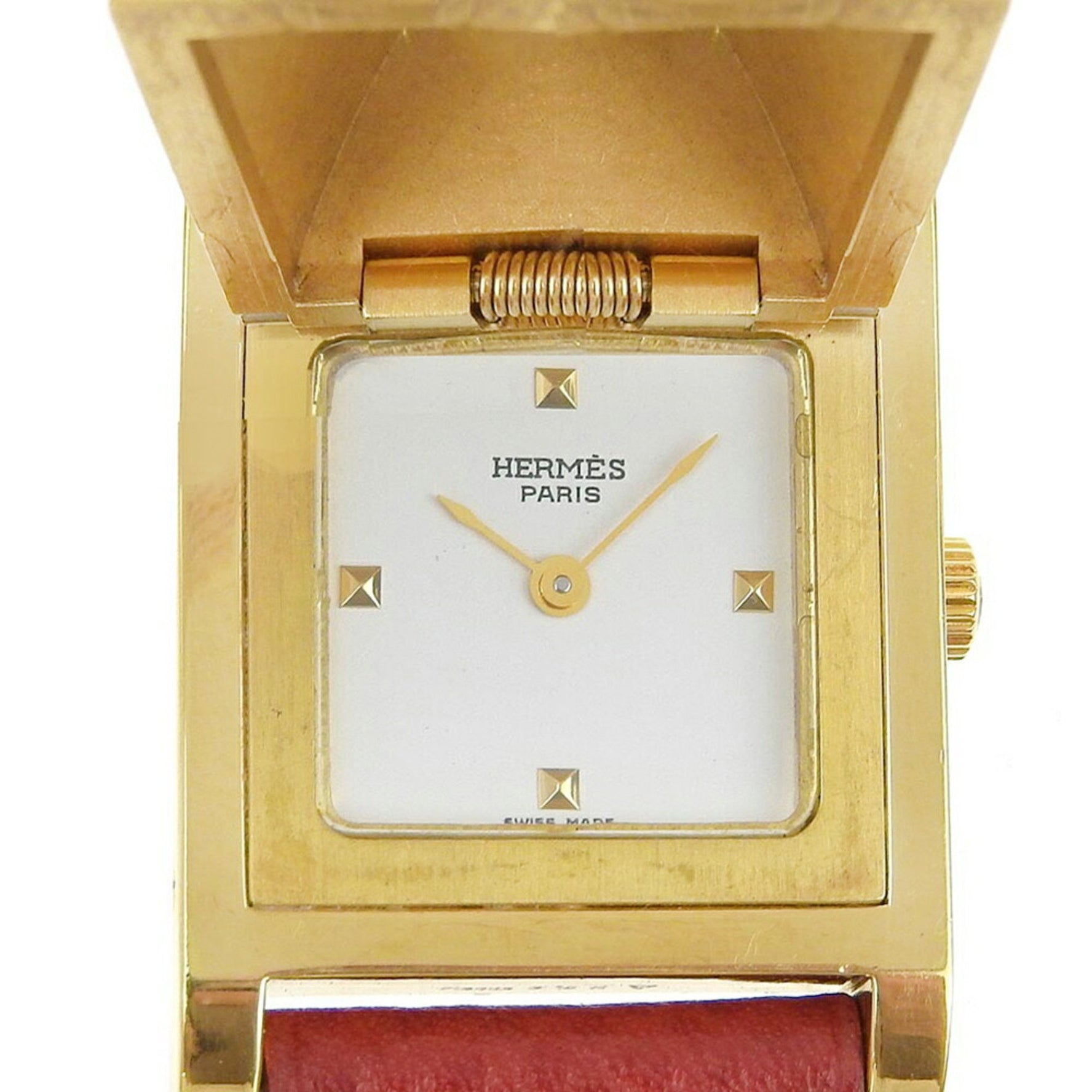 Hermes Medor Watch Gold Plated x Leather 1996 Wine Red ○Z Quartz Analog Display White Dial Ladies