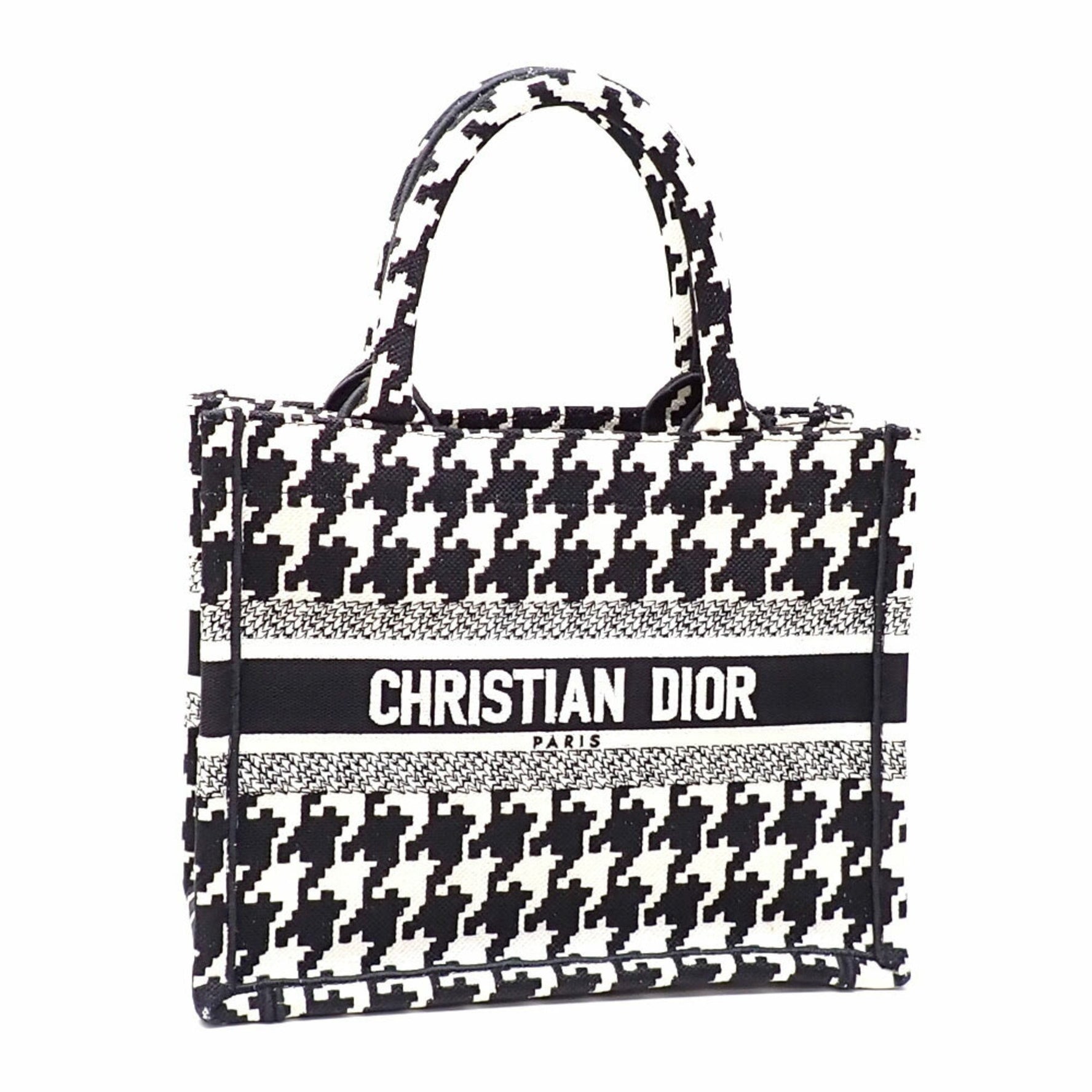 Christian Dior Book Tote Bag, Small, Black and White, Cotton, Houndstooth Pattern