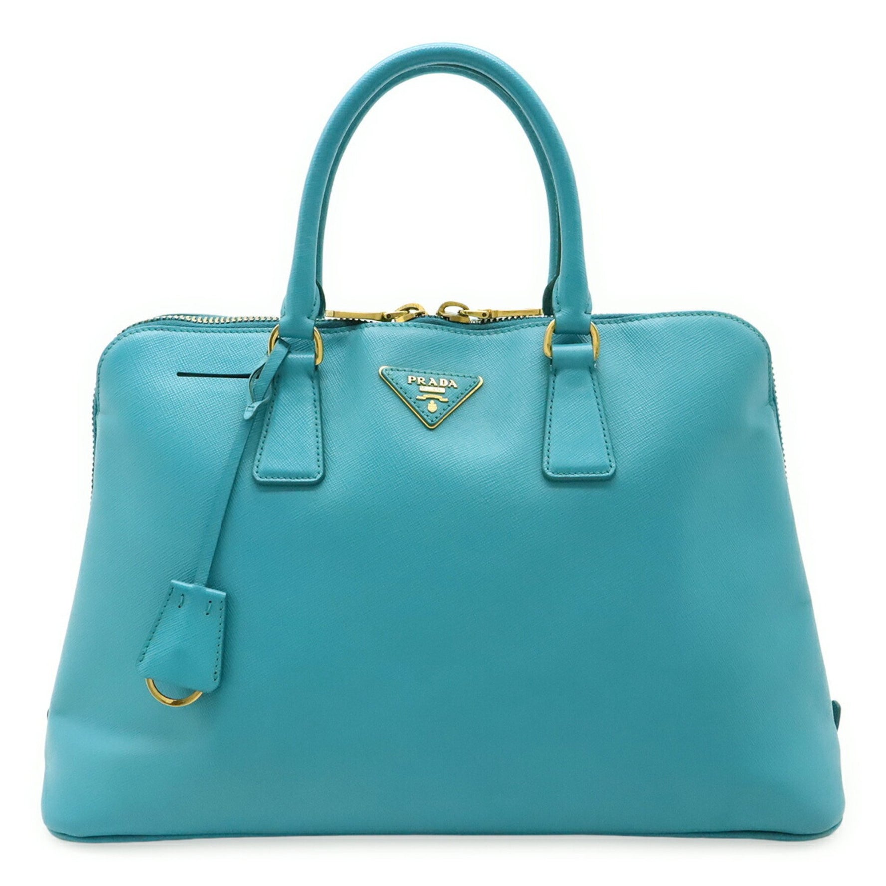 PRADA Triangle Plate Handbag Tote Bag Saffiano Leather Turquoise Blue