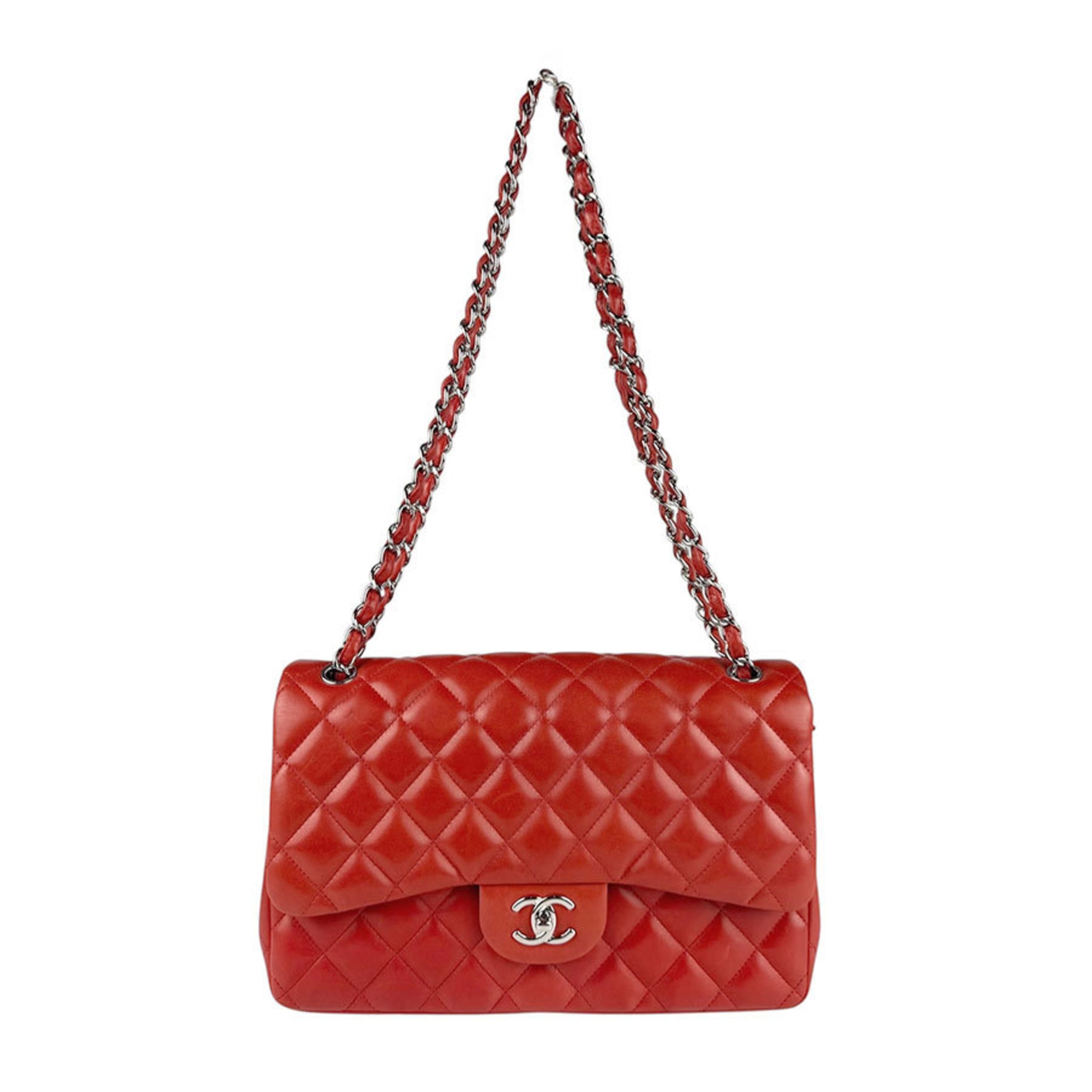 CHANEL Matelasse Shoulder Bag with Double Flap, Leather and Metallic Finish, Red Silver