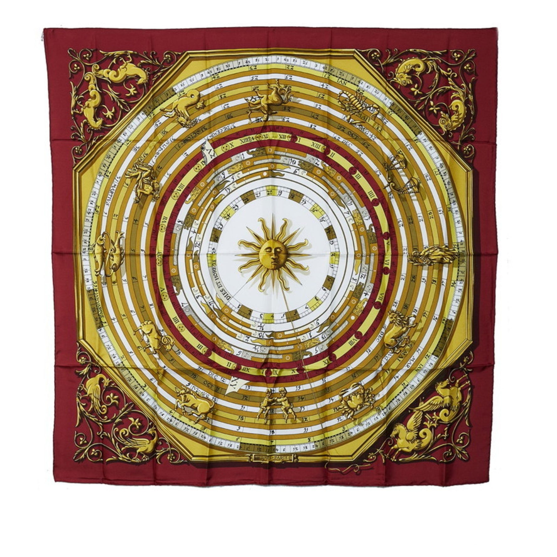 Hermes Carre 90 Astrology DIES ET HORE Scarf Muffler Gold Red Silk