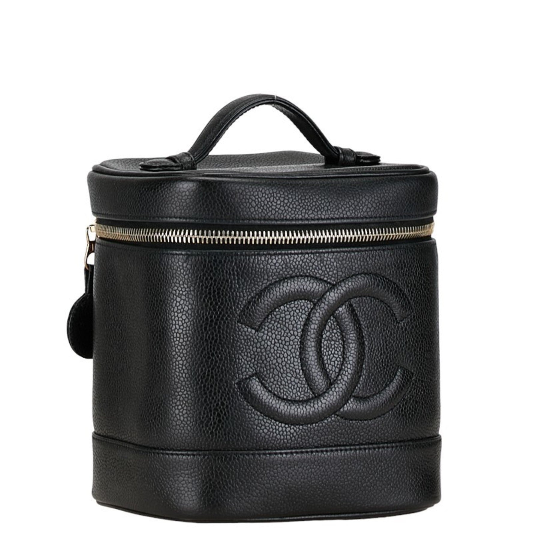 Chanel Coco Mark Handbag Vanity Bag Black Gold Caviar Skin