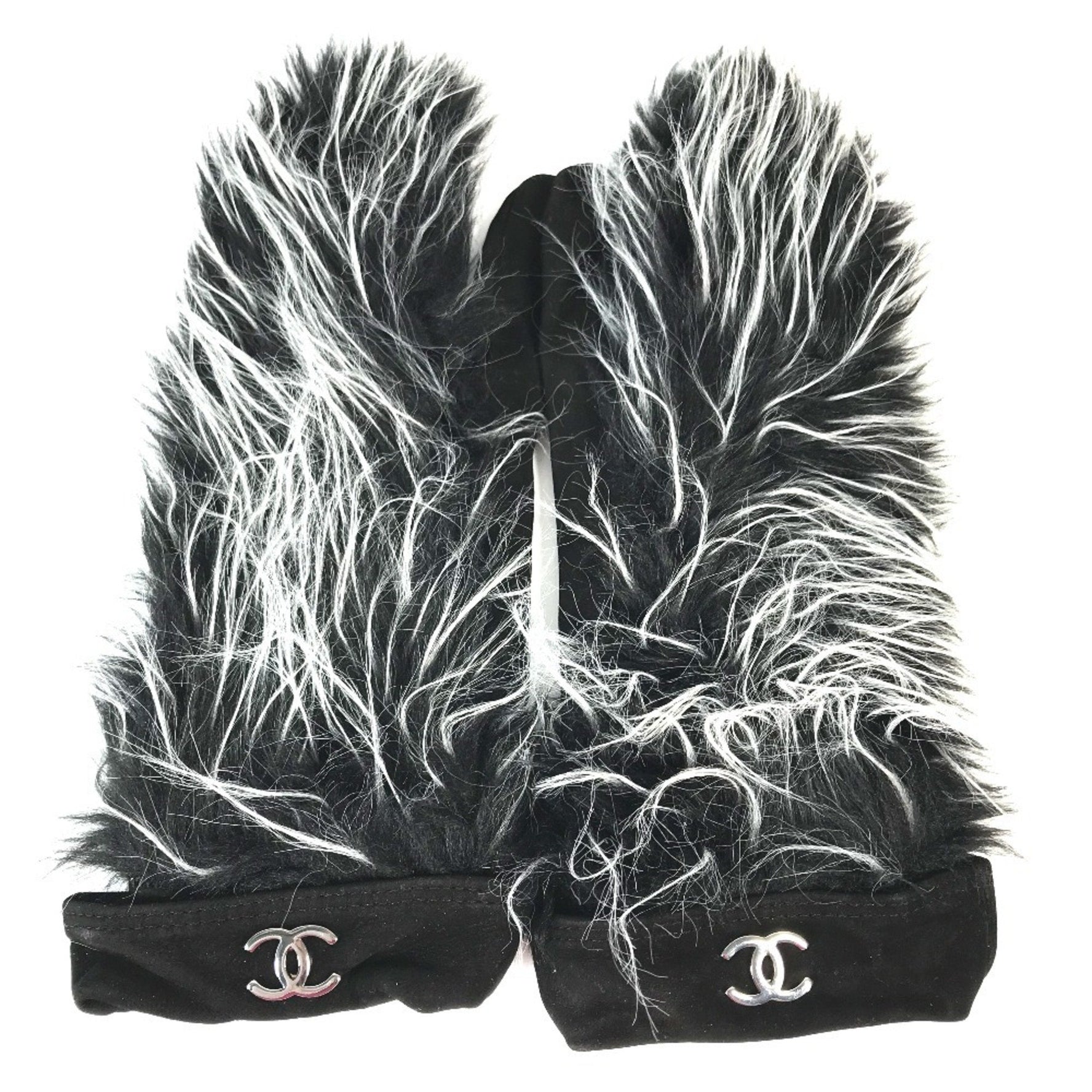 CHANEL Mitten-style CC Coco Mark Fur Nubuck Gloves Black