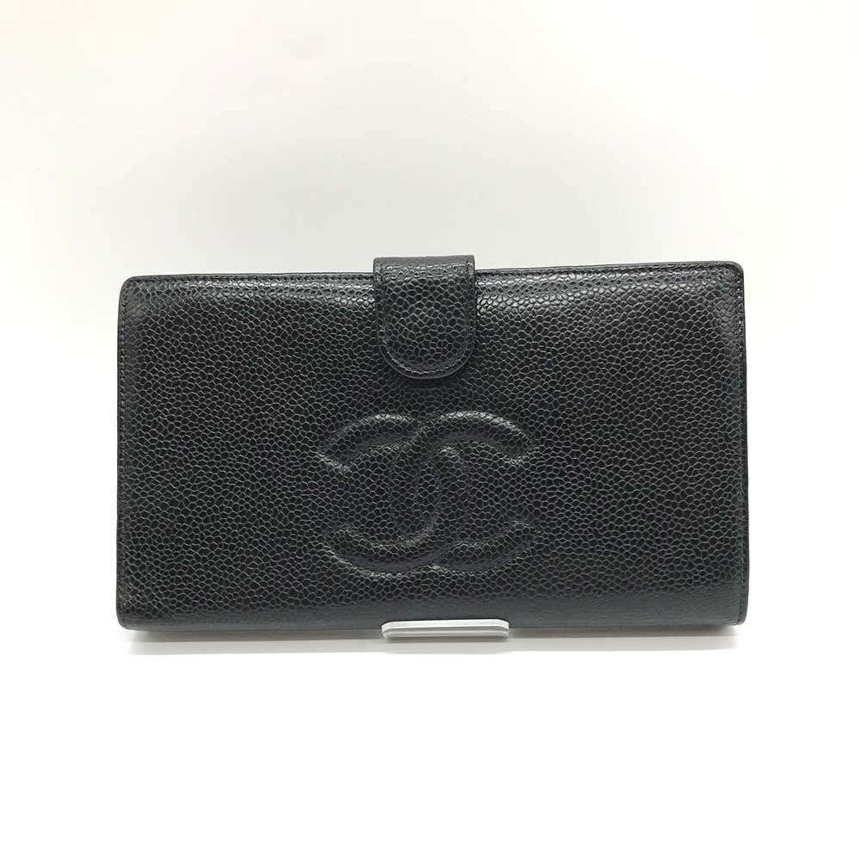 CHANEL Caviar Skin Leather Bi-fold Long Wallet