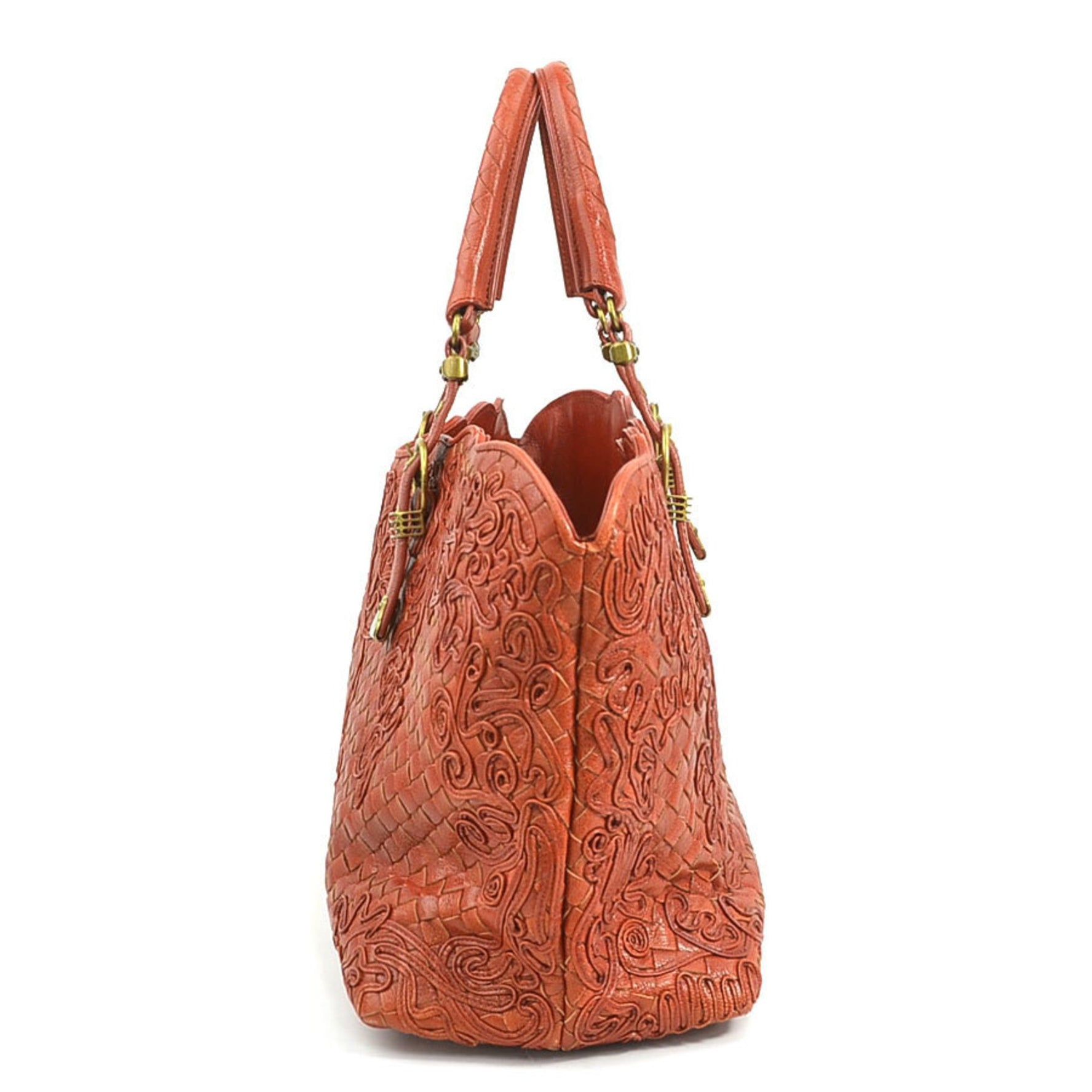 Bottega Veneta Intrecciato Leather Handbag in Orange Brown and Gold