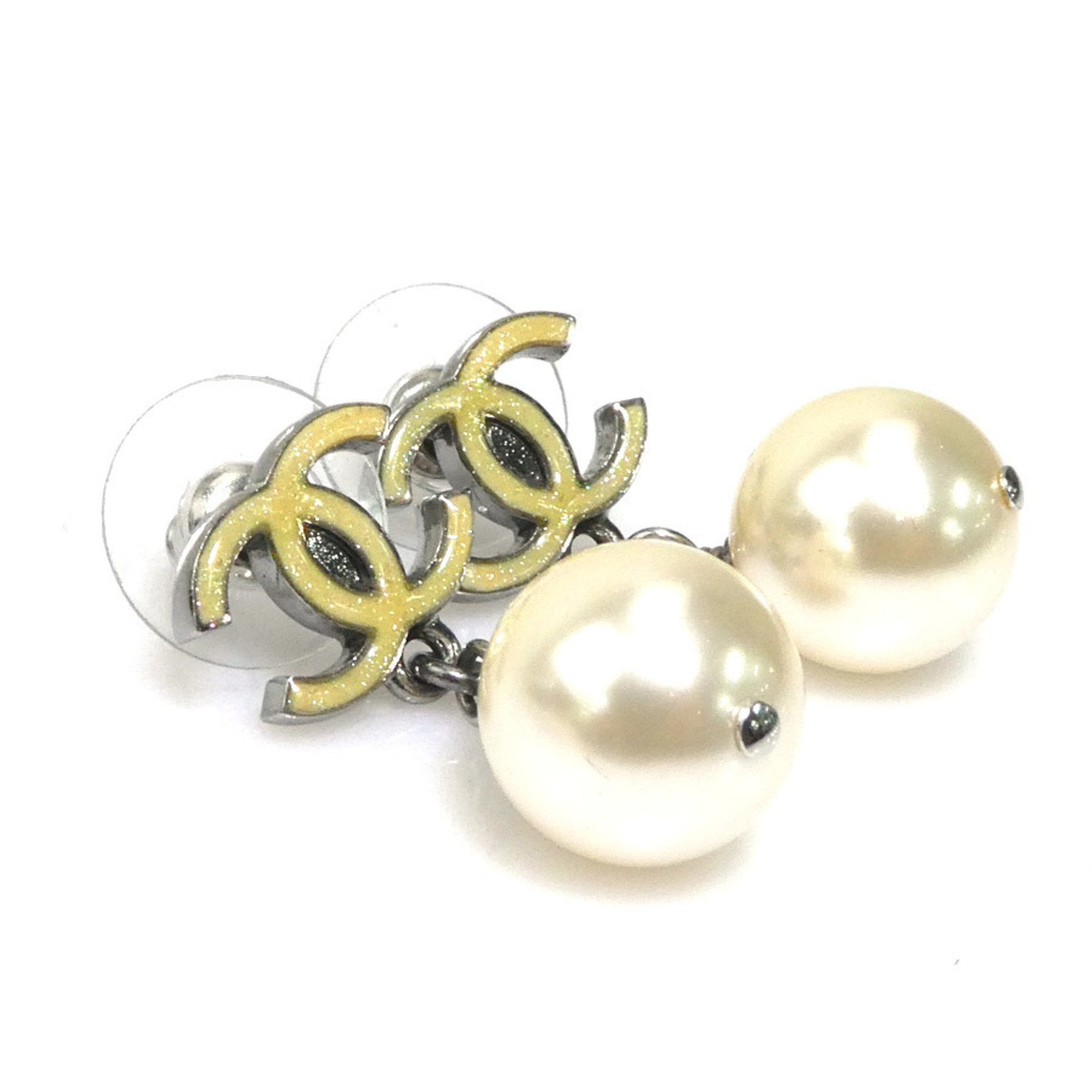 CHANEL Earrings Coco Mark Metal Faux Pearl Silver Off-White