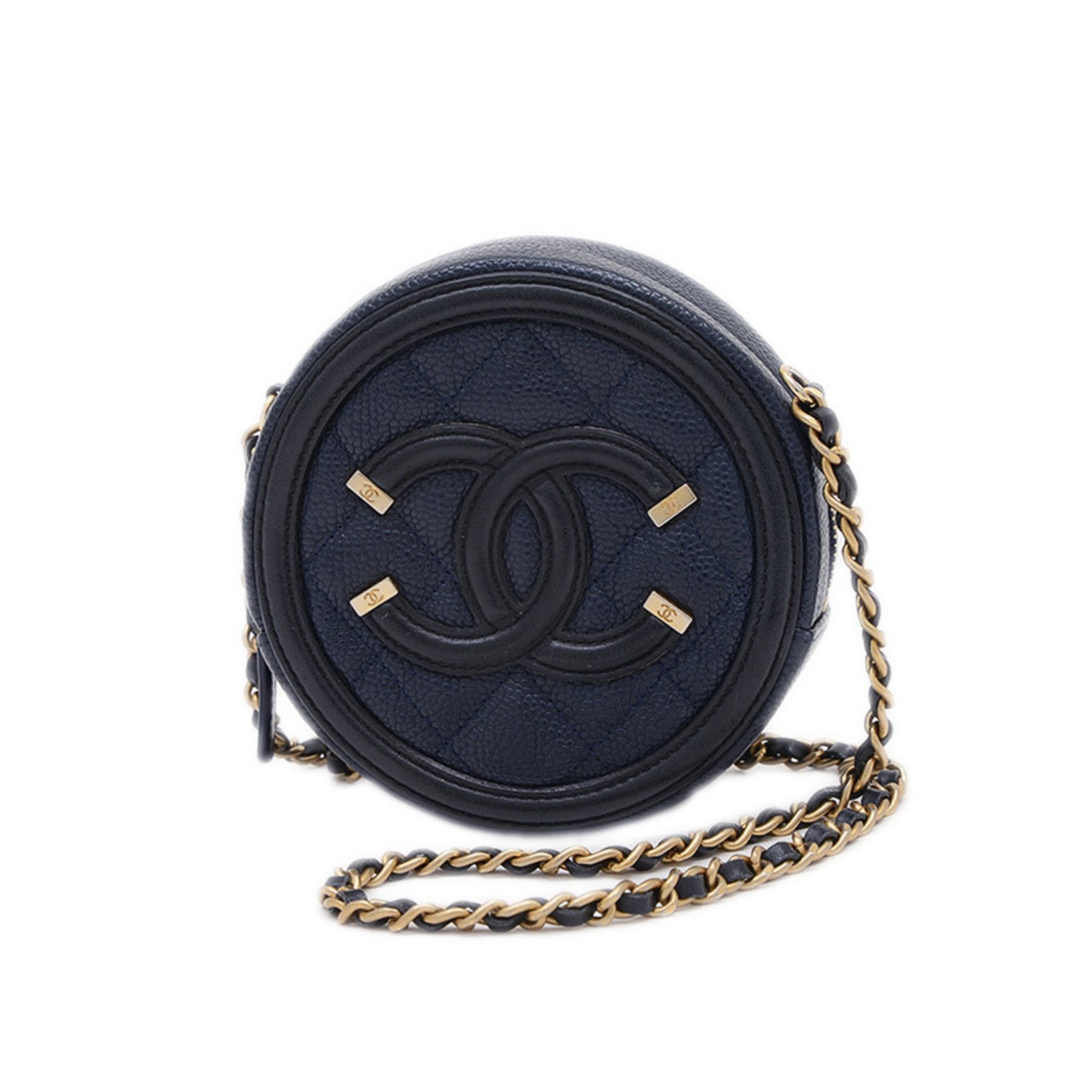 Chanel CC Filigree Round Chain Shoulder Bag Caviar Navy BP