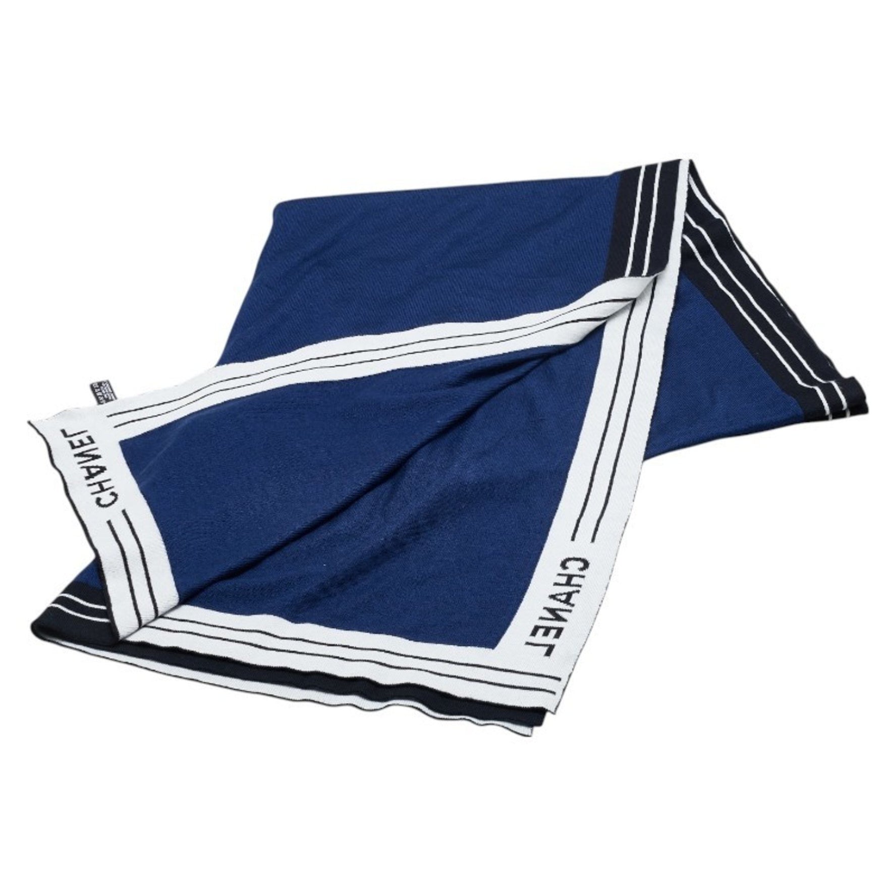 CHANEL logo print knit stole in navy, black, white, cashmere, and cotton .
