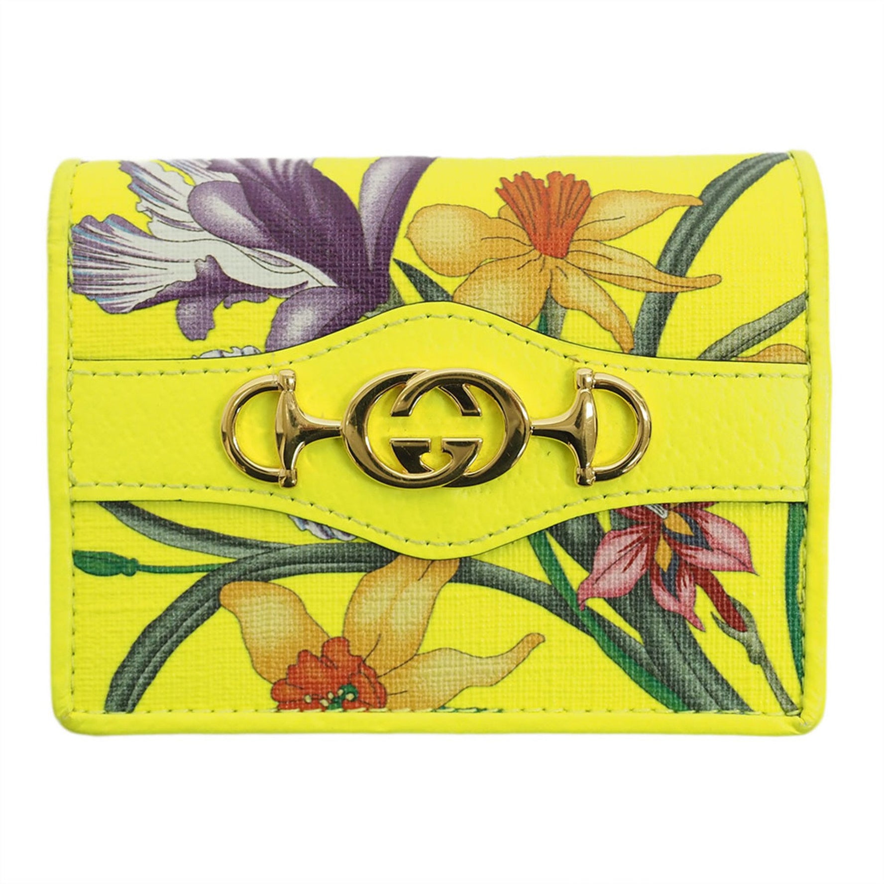 Gucci Flora Zumi Compact Neon Yellow PVCx Leather Bifold Wallet