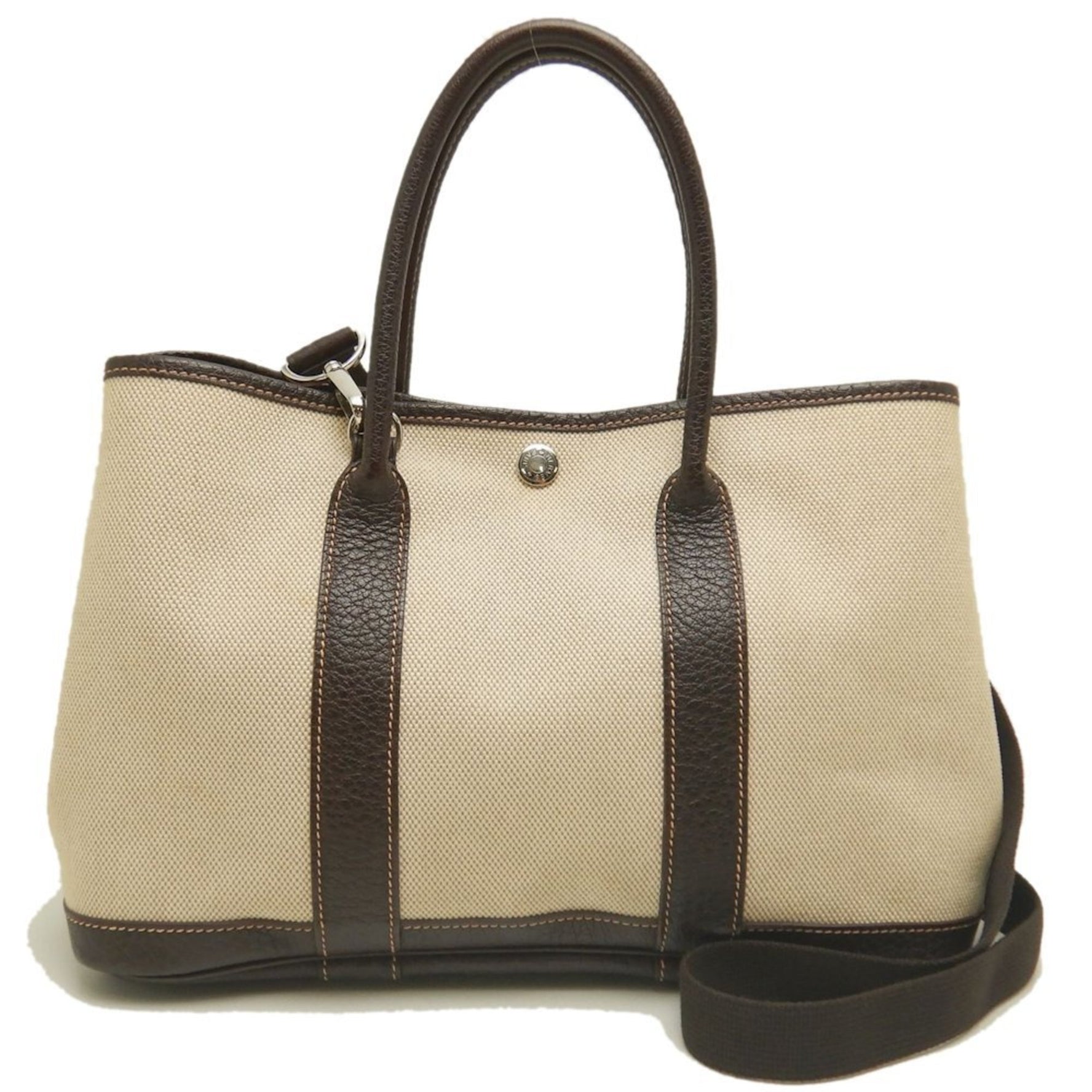 HERMES Garden TPM Tote Bag in Toile H and Leather, Natural Dark Brown
