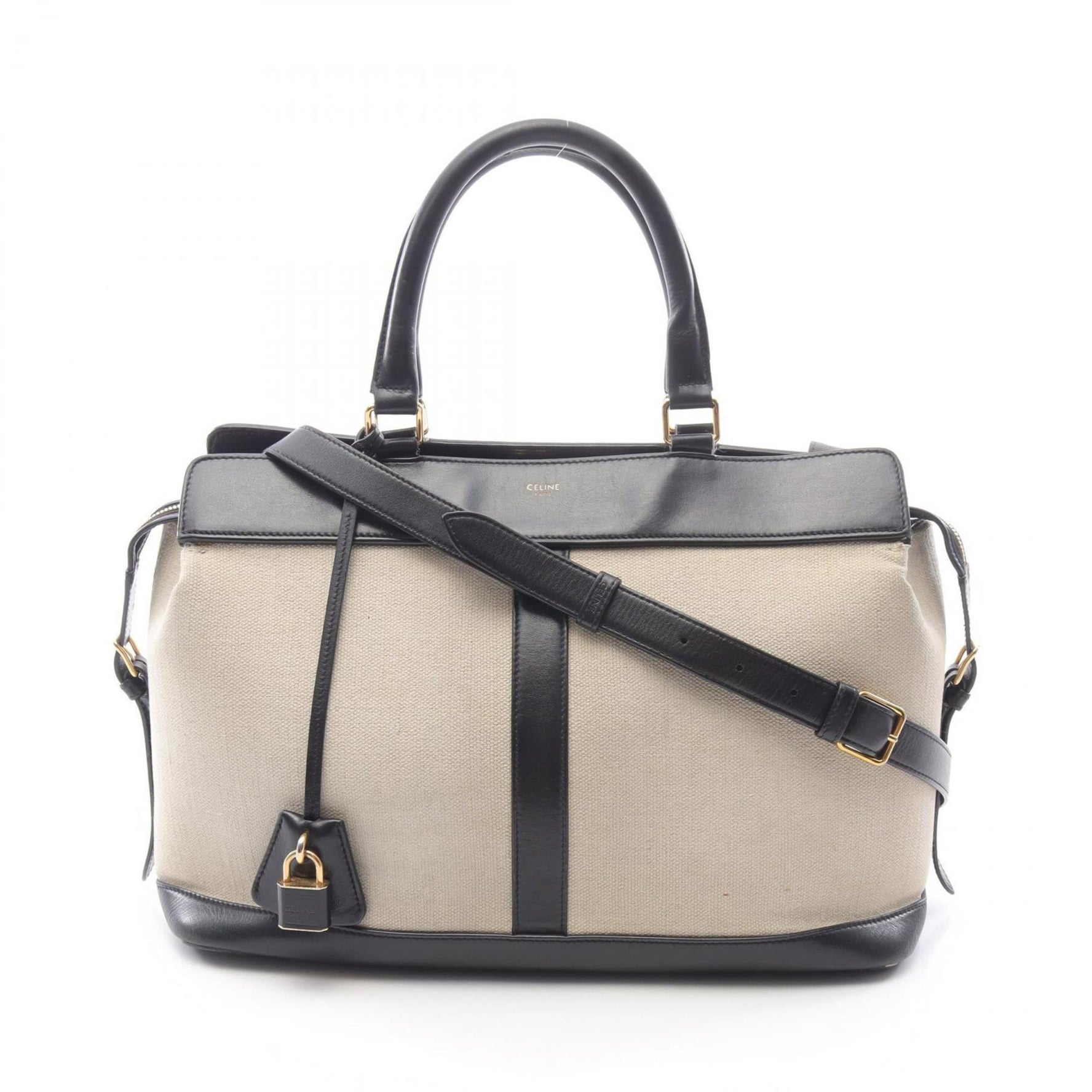 CELINE Medium Cabas de France Handbag Canvas Leather Ivory Black