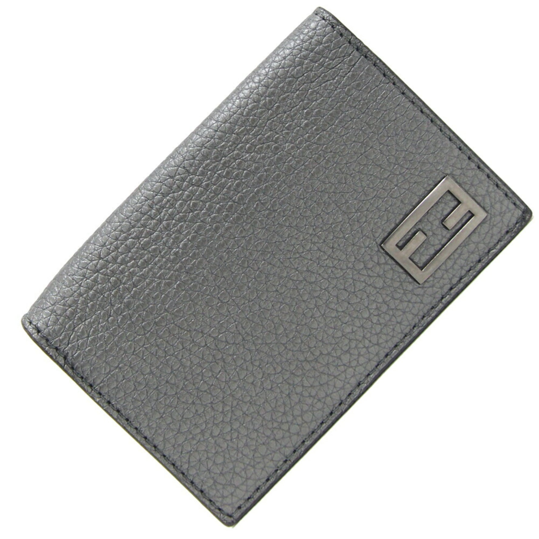 FENDI Business Card Case Metallic Dark Grey Leather Pass Men's