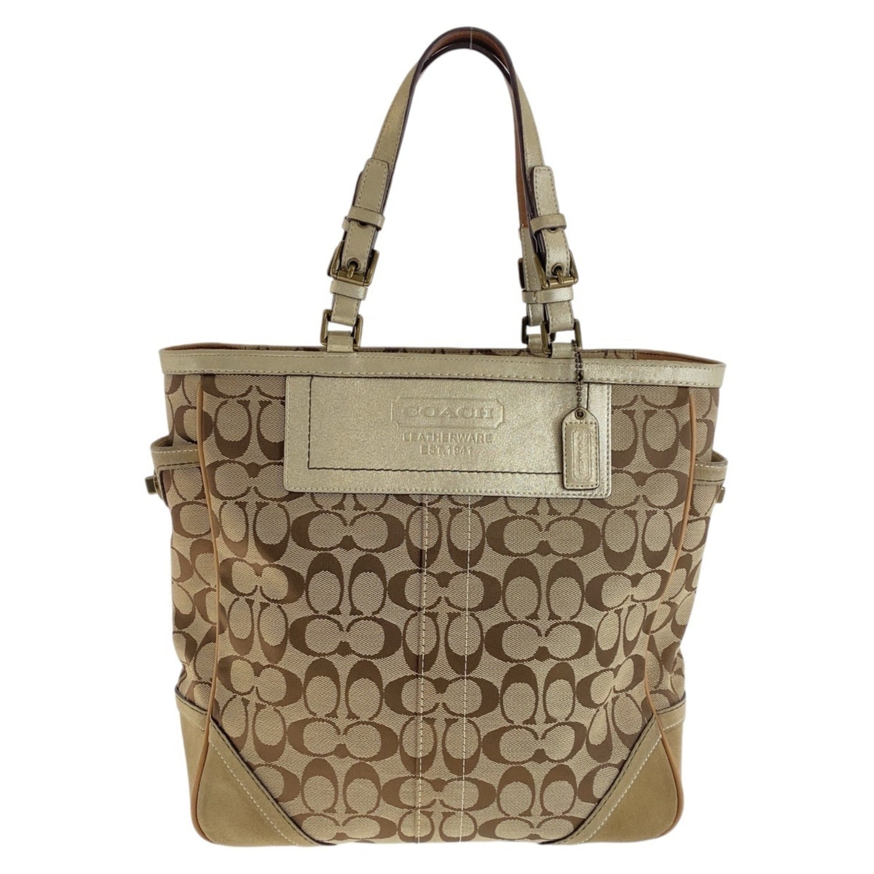 COACH Signature Beige Gold Hardware Canvas Tote Bag Shoulder