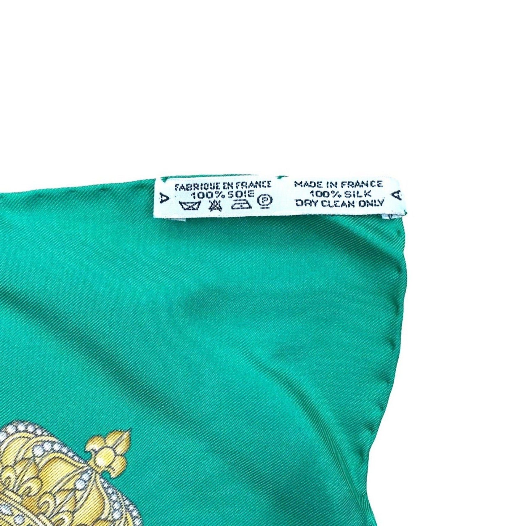 Unused, stored HERMES Carré 90 "Les Tambouras" silk scarf/muffler in green and blue