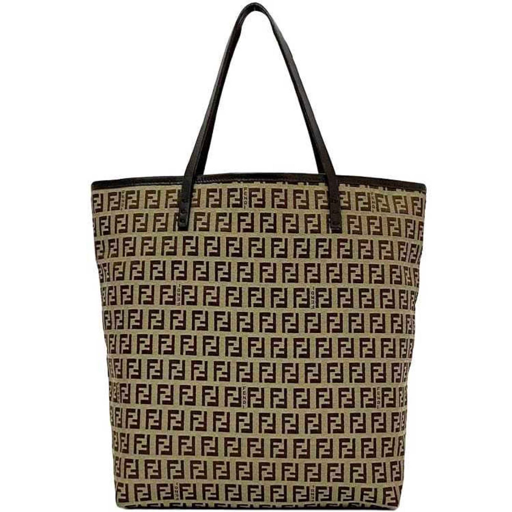 Fendi Tote Bag Beige Brown Zucchino Canvas Leather FF Unisex Women Men