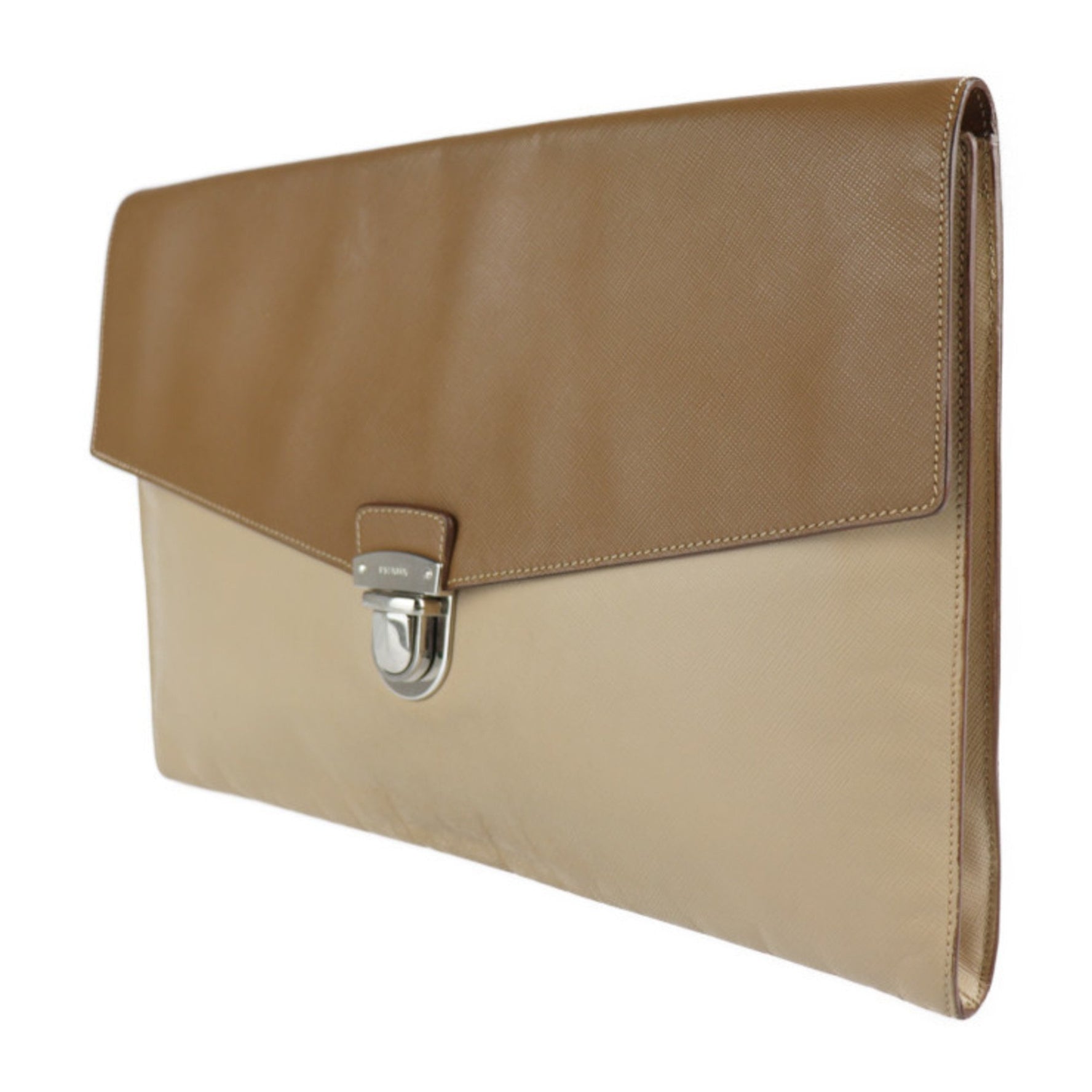 PRADA Pouch Clutch Bag Leather Beige Brown Second Flap
