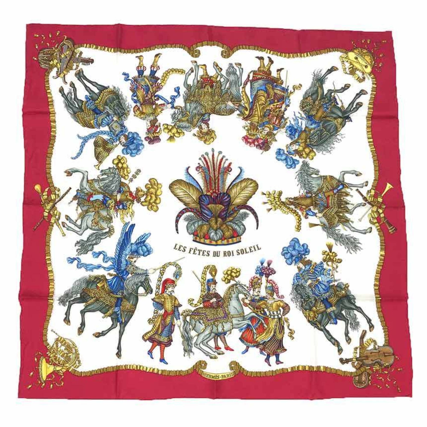 Sale HERMES Scarf Muffler Carré 90 LES FETES DU ROI SOLEIL Sun King's Celebration White x Red 100% Silk