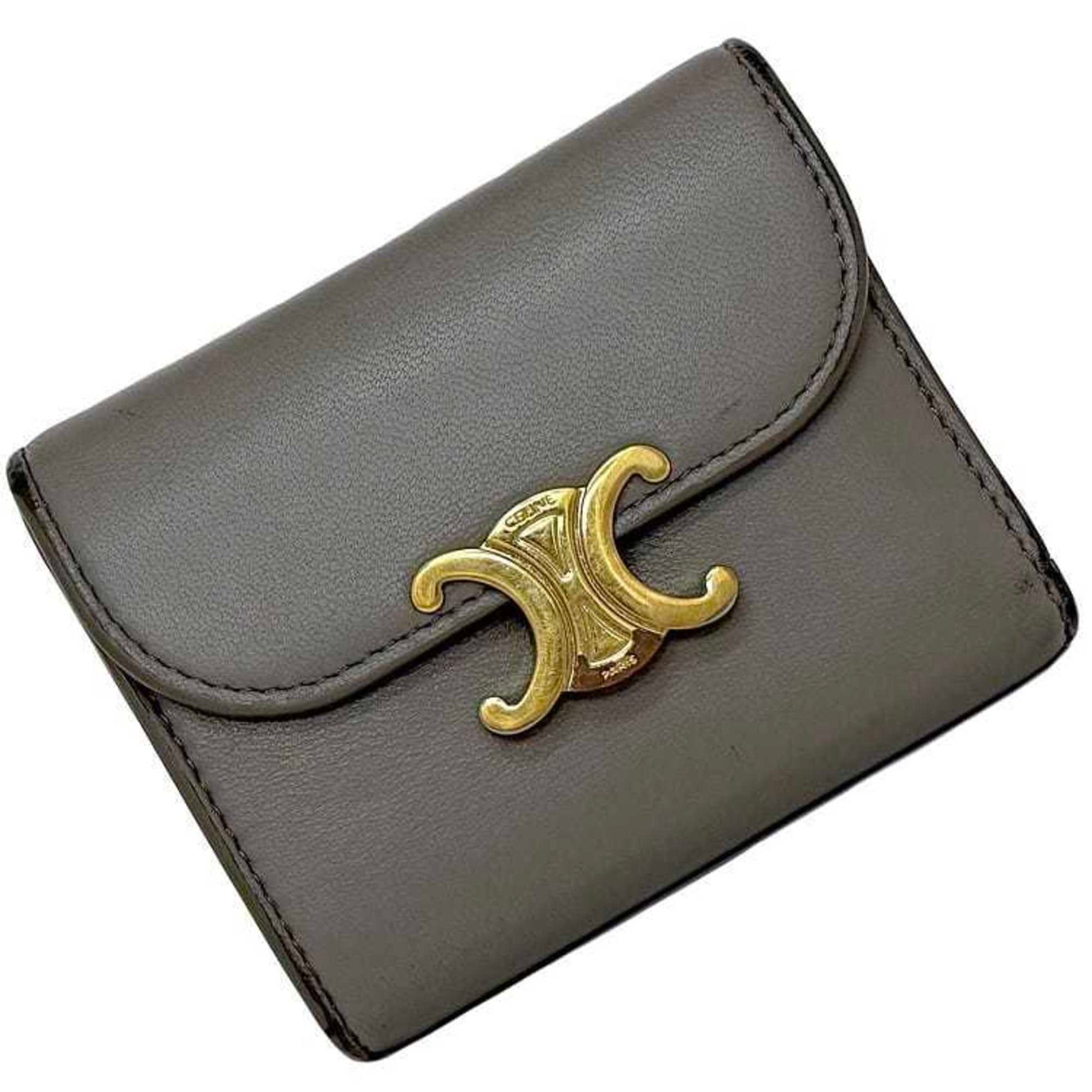 Celine Tri-fold Wallet Triomphe Leather Compact Metal Fittings Mini