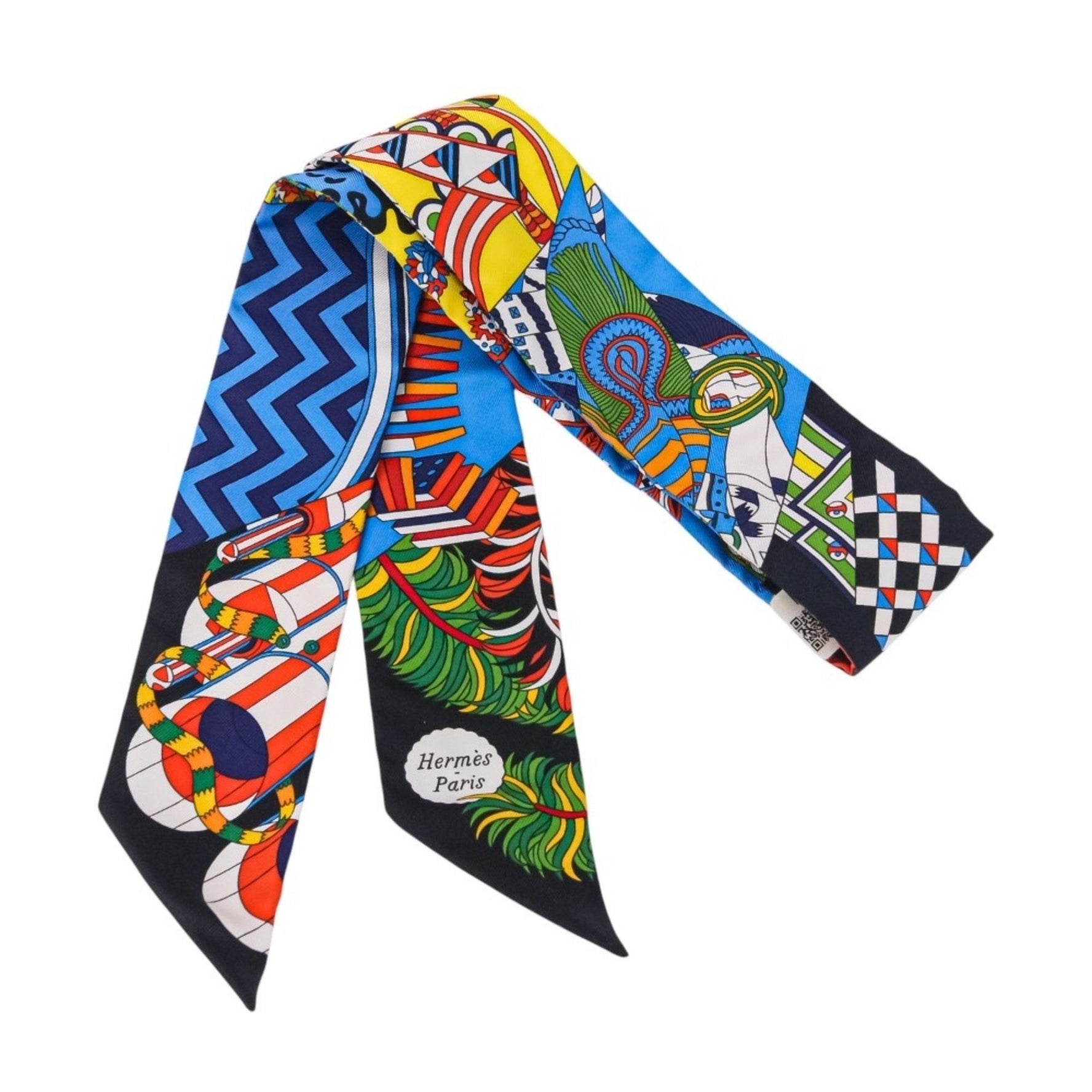 HERMES Twilly "Duel with the Cane Umbrella" Silk Scarf/Muffler in Blue Jaune