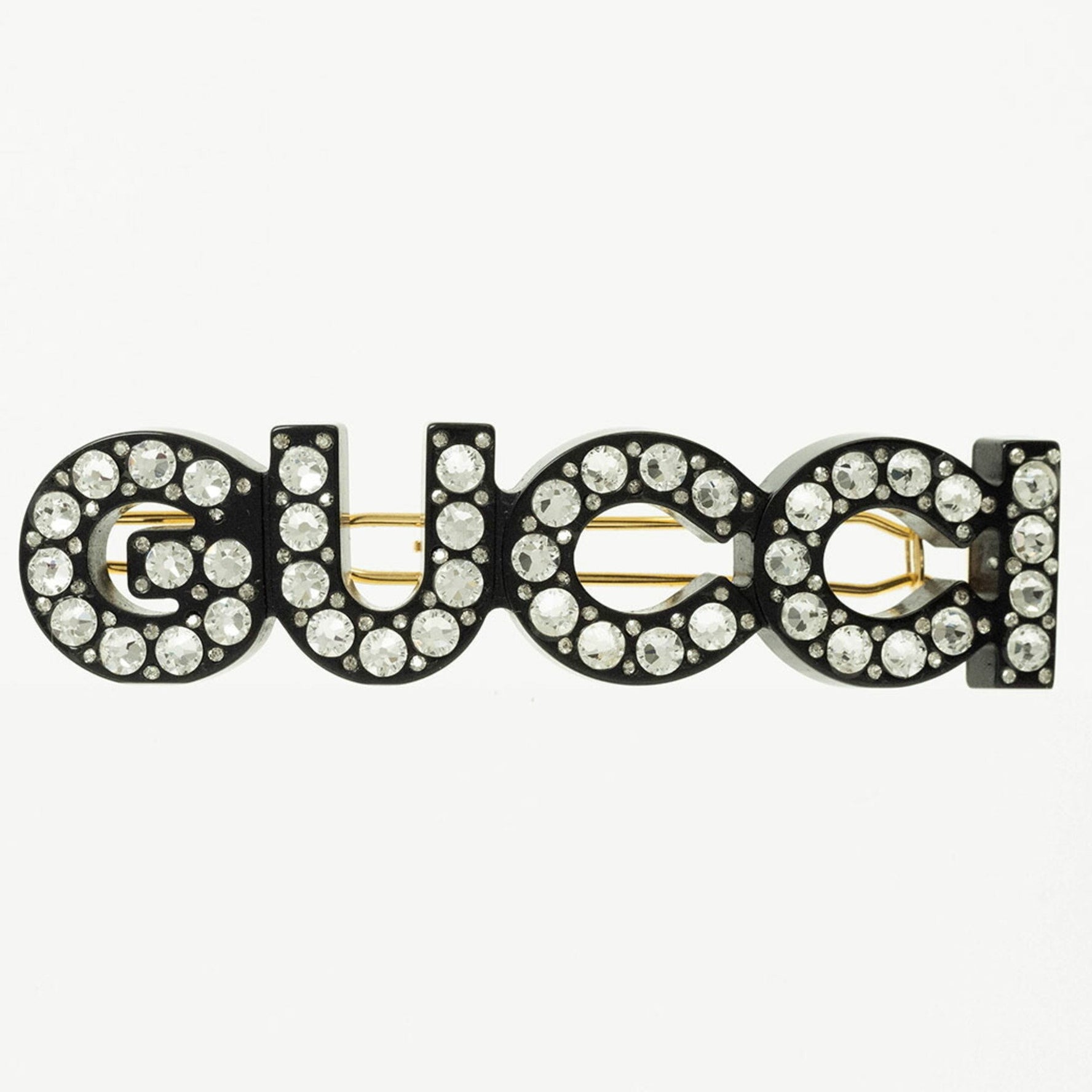 Gucci Crystal Hair Clip Barrette Black Clear Gold