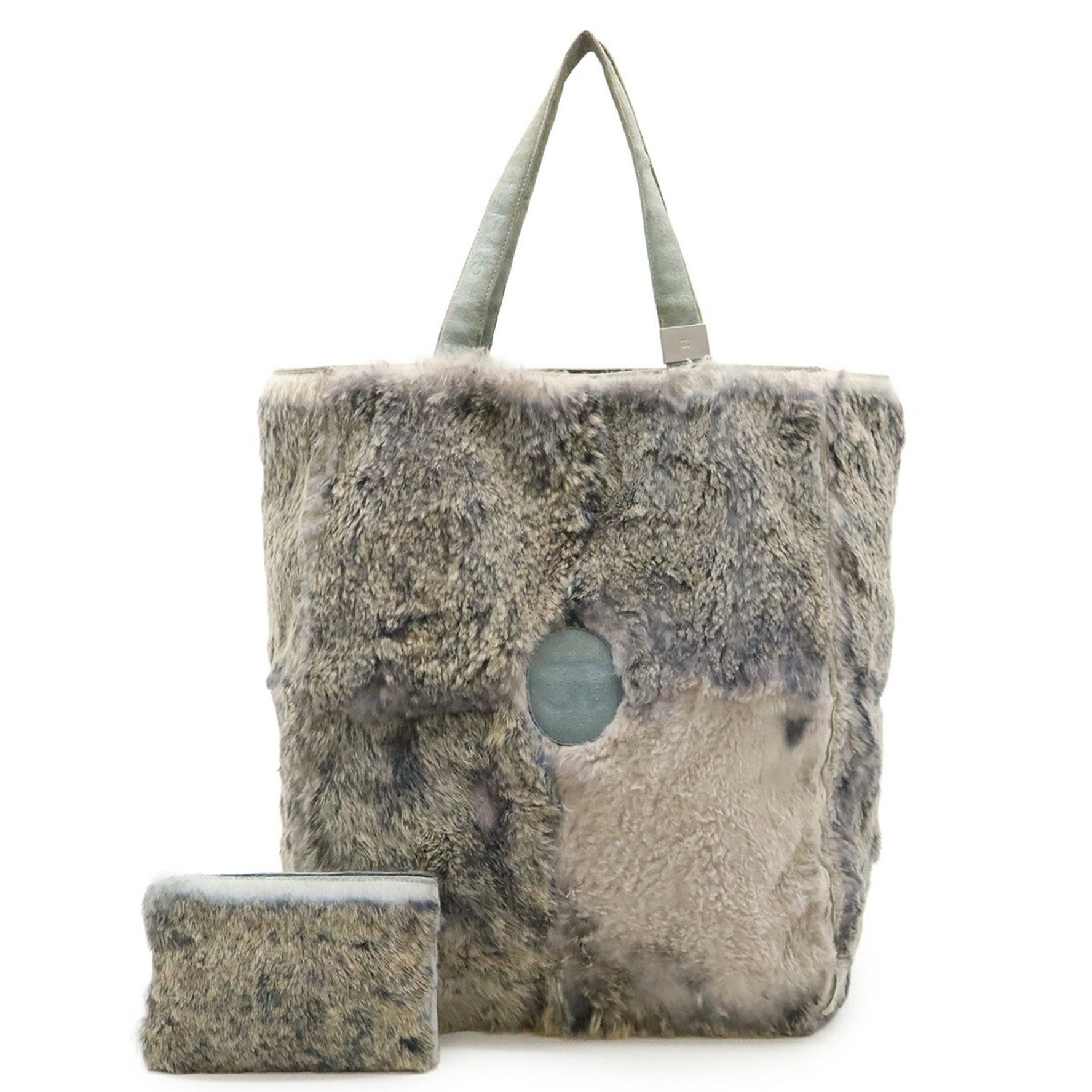 CHANEL Lapin Rabbit Fur Coco Mark Tote Bag, Suede, Gray, Beige