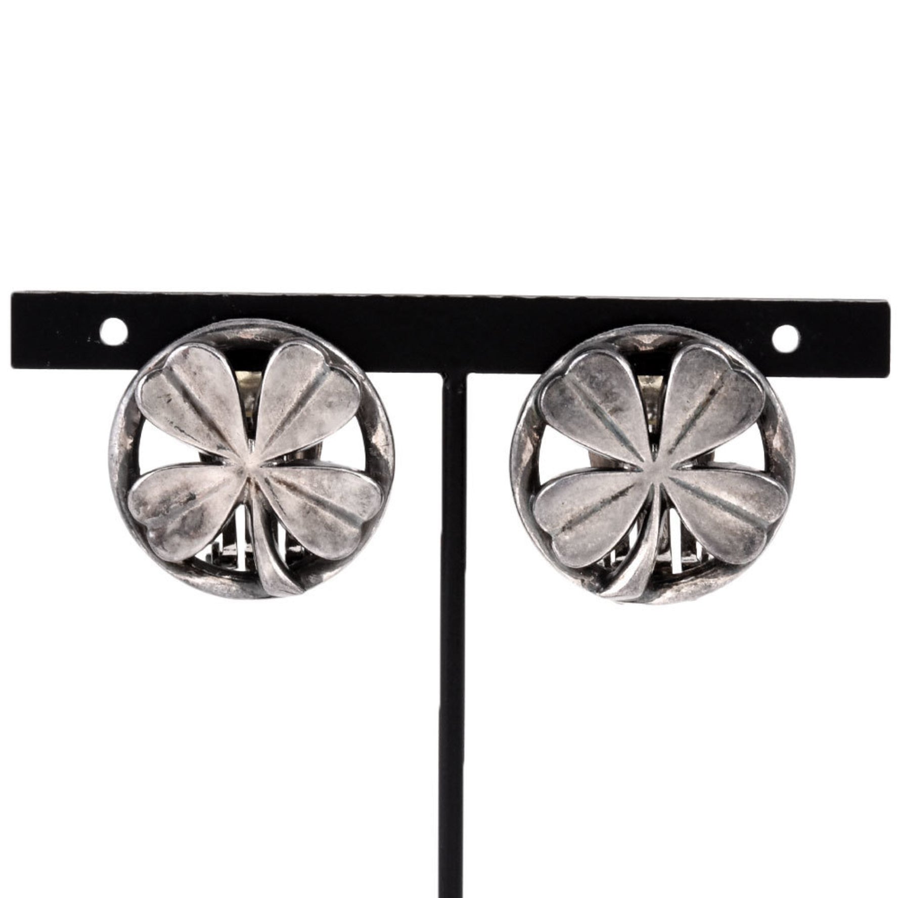 CHANEL Round Clover Earrings Metal Engraved Silver Circle