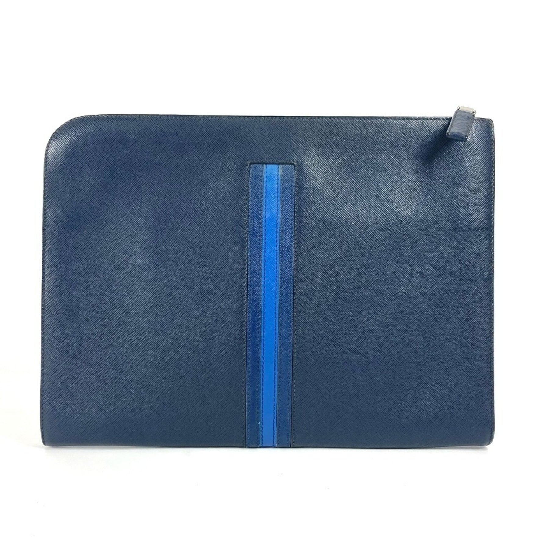 PRADA Logo Bag Pouch Striped L-shaped Zipper Clutch Saffiano Leather Men's