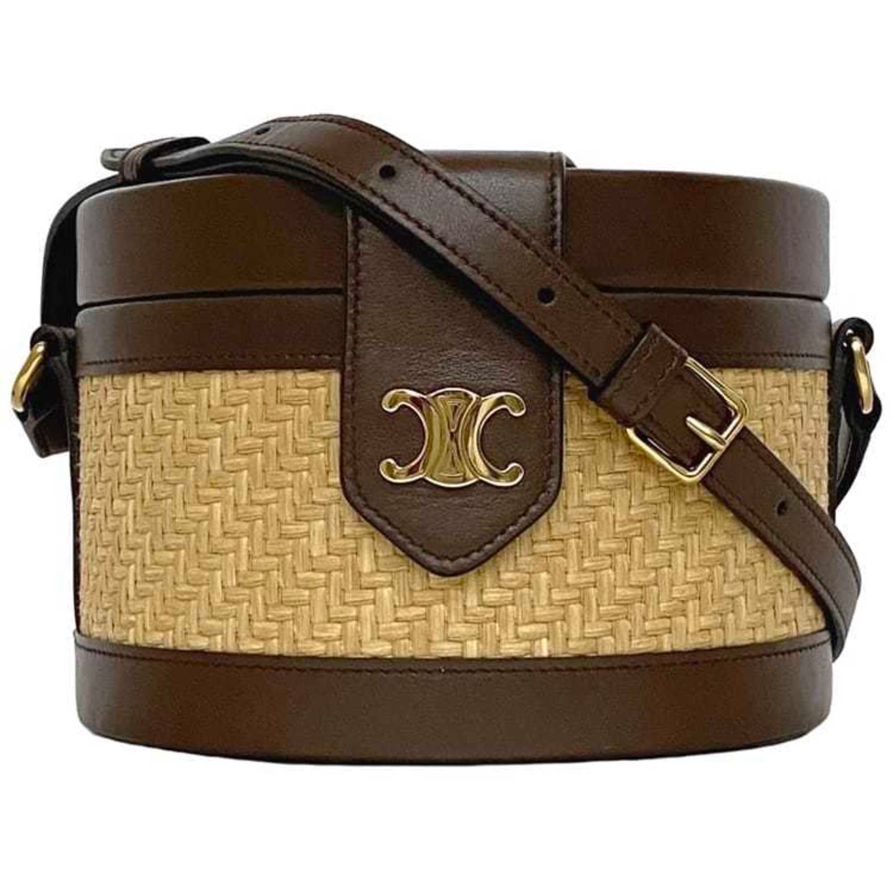 Celine Tambour Shoulder Bag Beige Brown Triomphe Bucket Straw Leather Round Cylinder Shape
