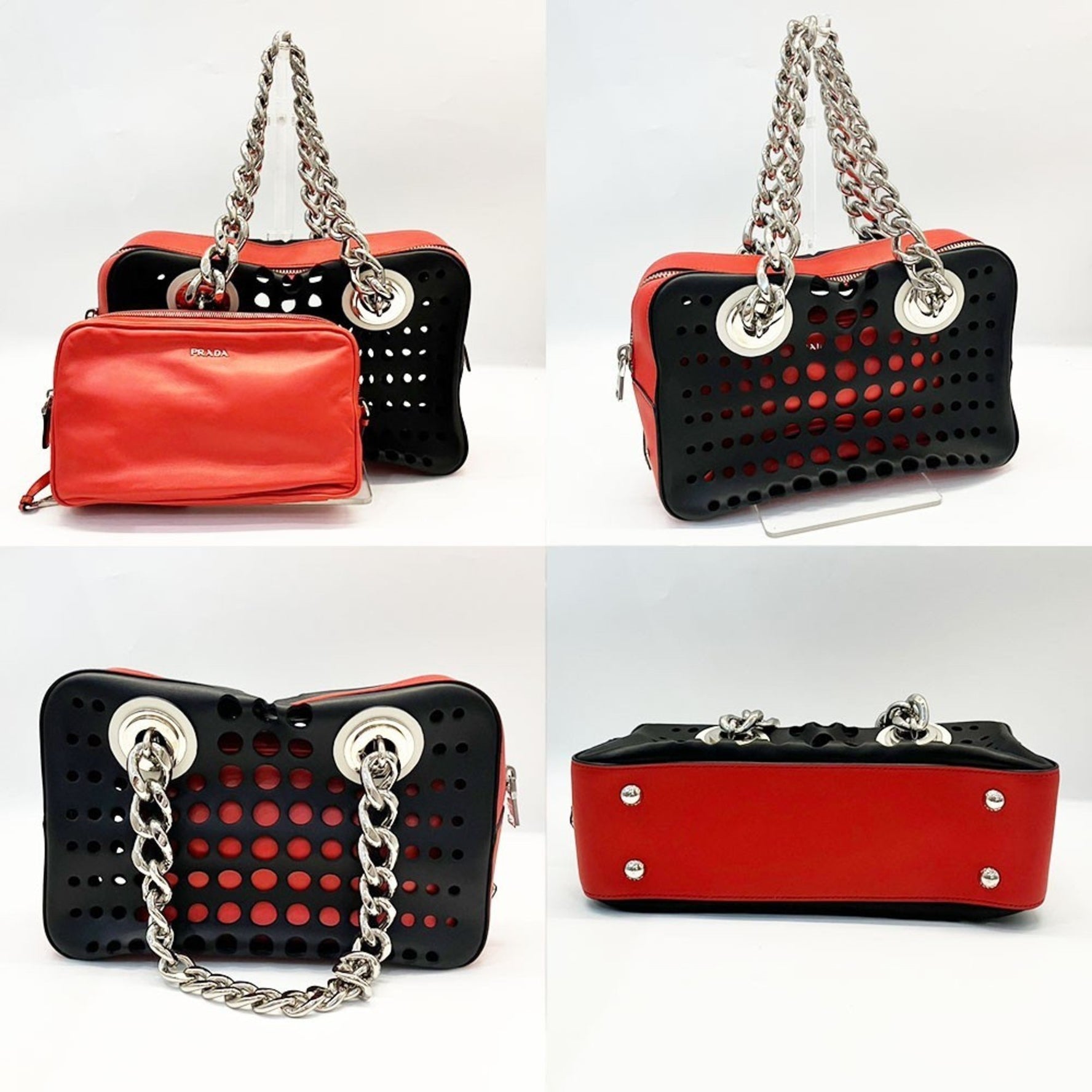 Prada Bag Punching Chain Shoulder Tote Leather Bicolor