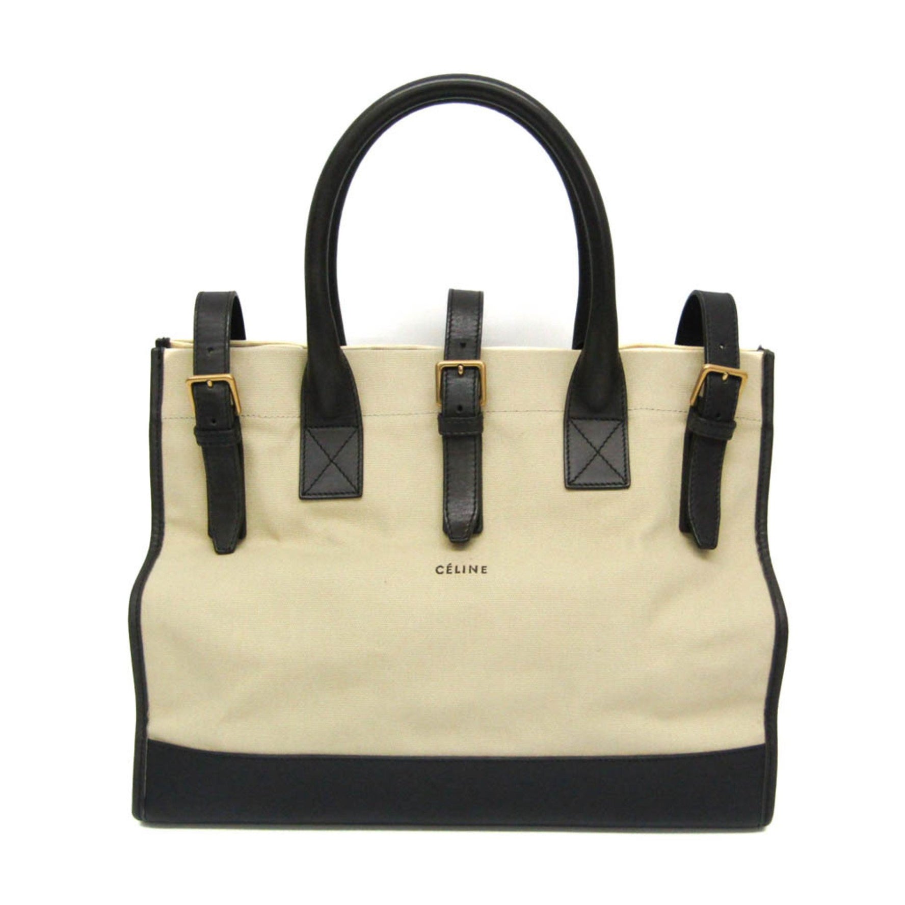 Celine Leather,Canvas Handbag Beige,Black