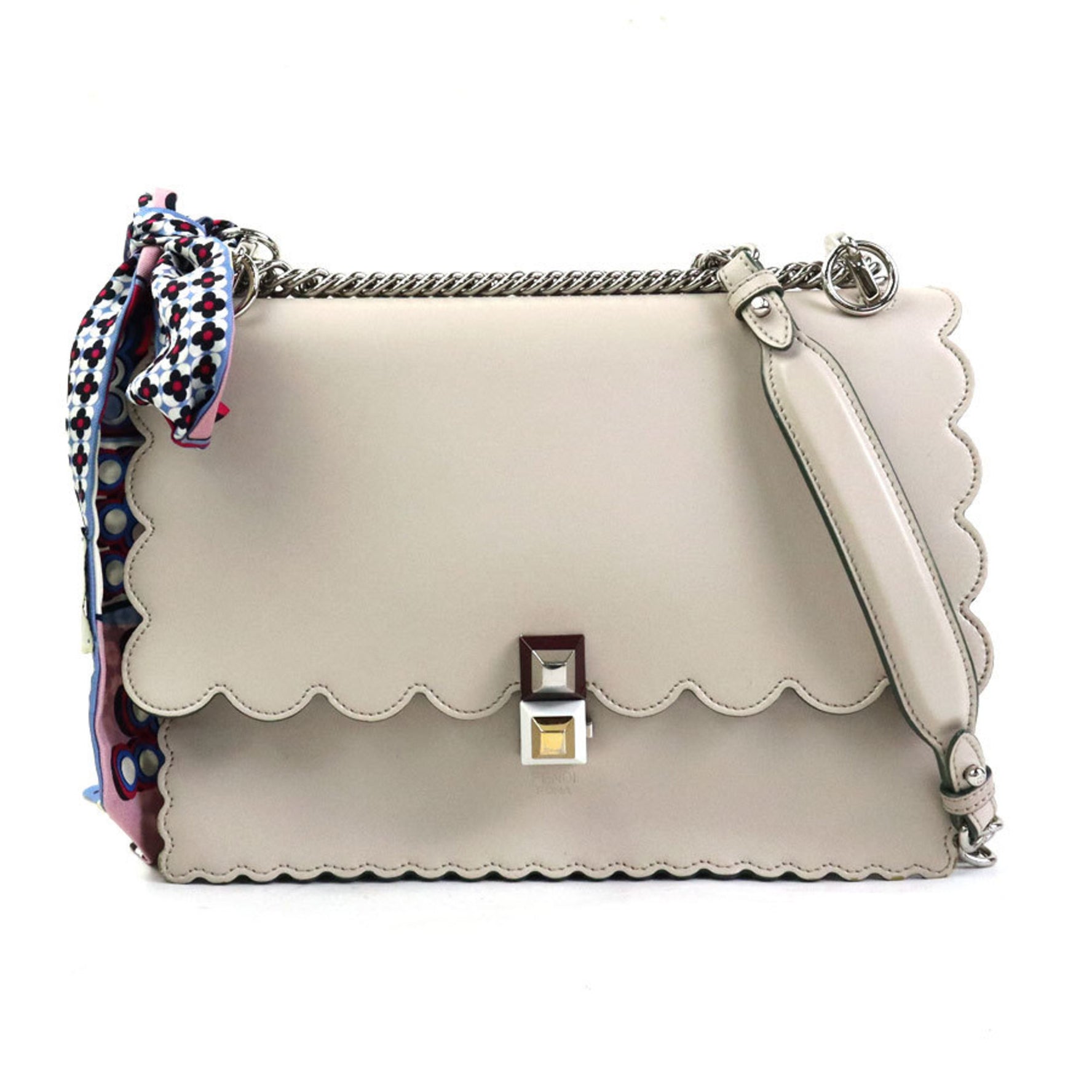 FENDI handbag shoulder bag scarf muffler Canai leather silk light gray silver OZC